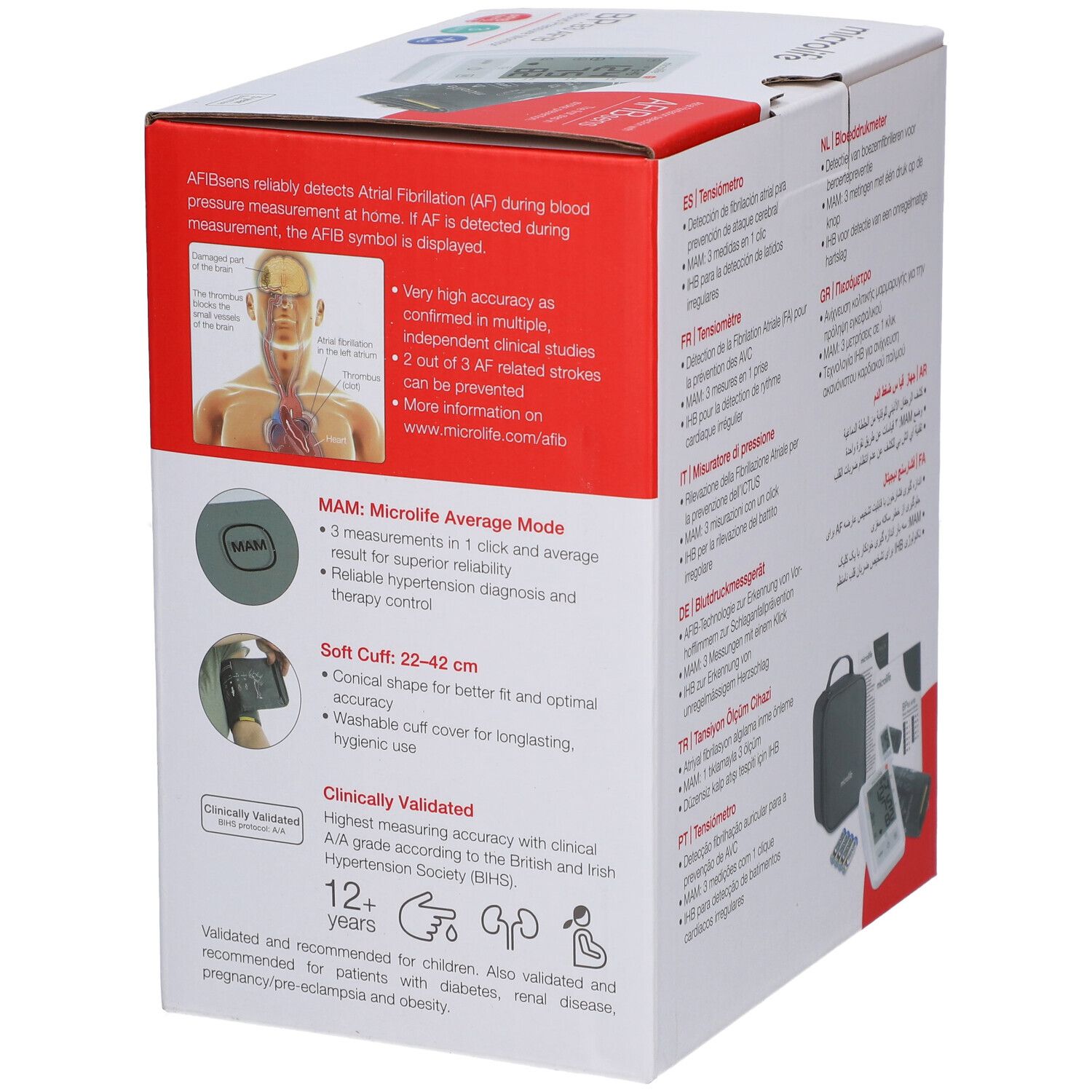 Verpackung des Microlife BP B3 AFIB. Informationen zur AFIB-Erkennung und MAM-Technologie. Text: Clinically Validated.