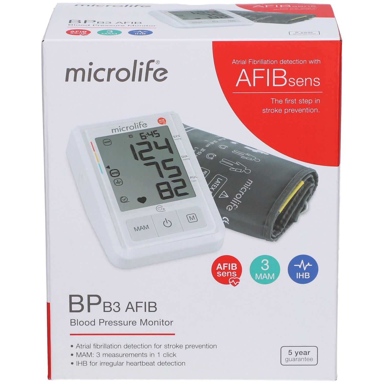 Verpackung des Microlife BP B3 AFIB Blutdruckmessgeräts. Gerät und Manschette abgebildet. Text: AFIBsens, MAM, IHB.