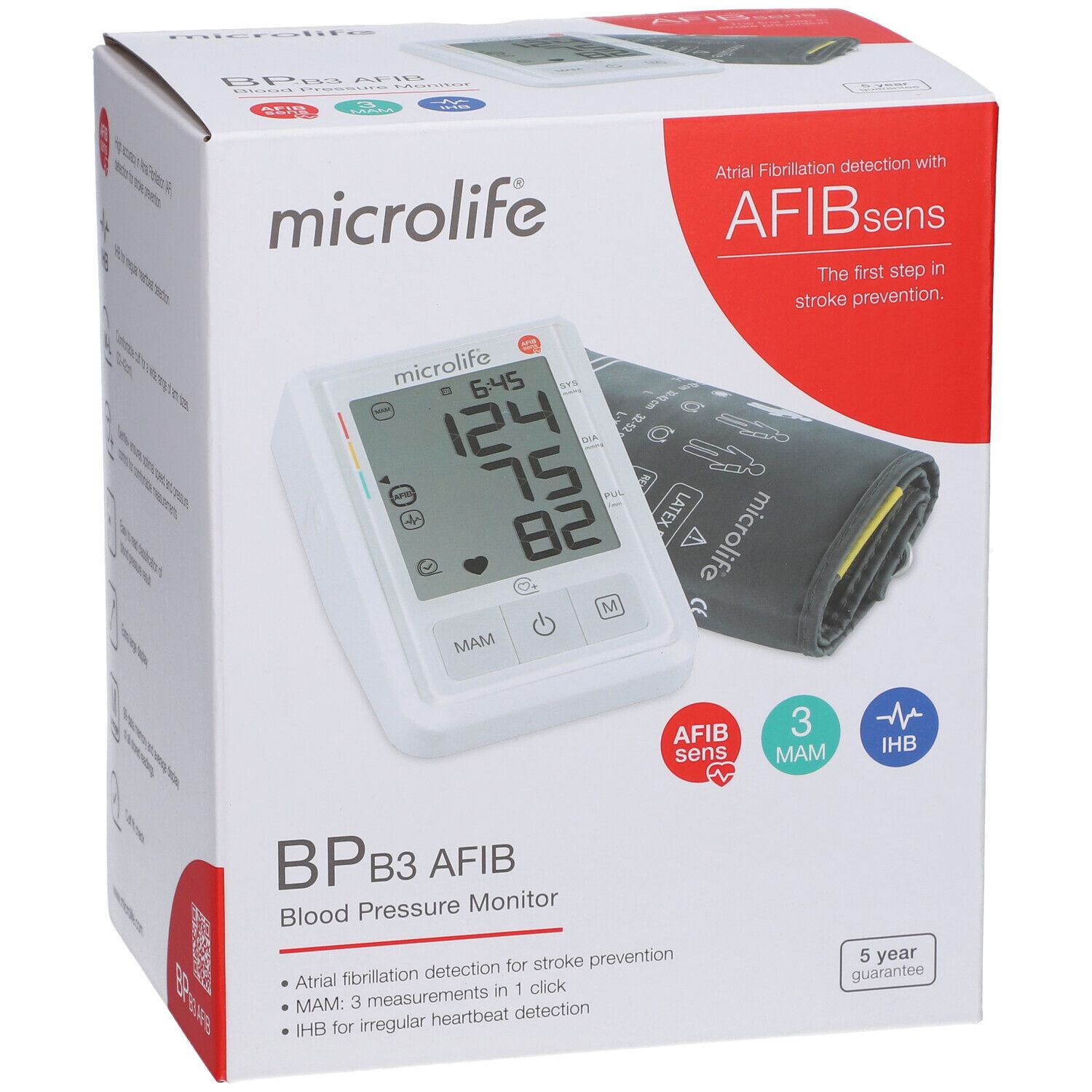 Verpackung des Microlife BP B3 AFIB Blutdruckmessgeräts. Gerät und Manschette abgebildet. Text: AFIBsens, MAM, IHB.