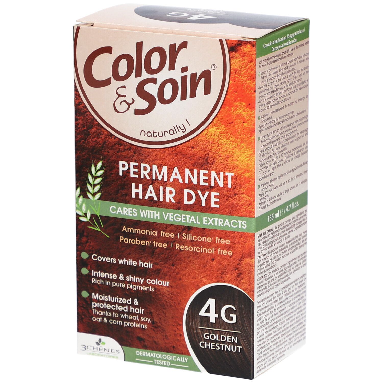 Boîte Color & Soin 4G Châtain doré. Coloration permanente aux extraits végétaux. Couvre les cheveux blancs. Testé dermatologiquement.
