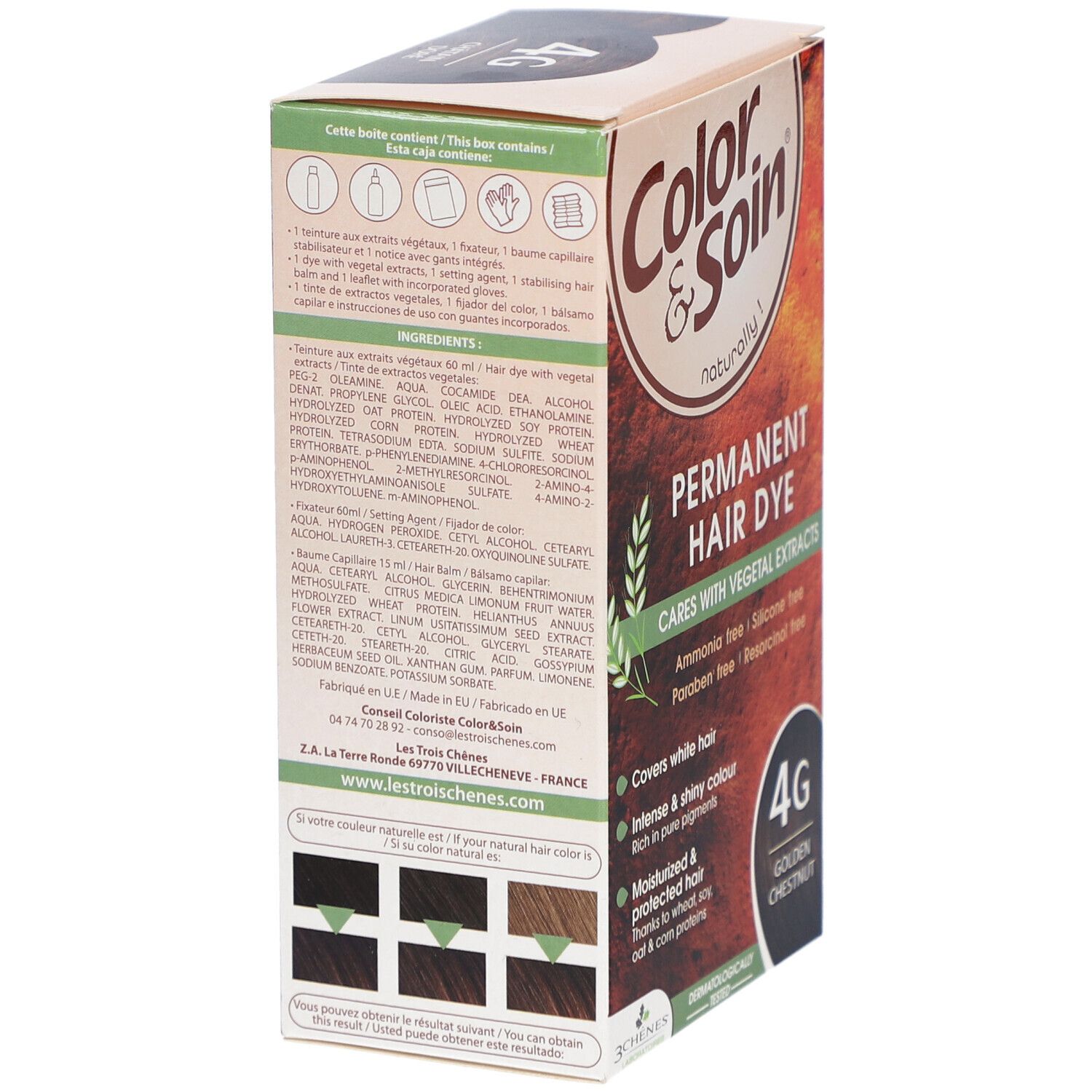 Dos de la boîte Color & Soin 4G. Ingrédients et instructions d'utilisation. Contient 125 ml. Fabriqué en UE. Exemples de couleurs.