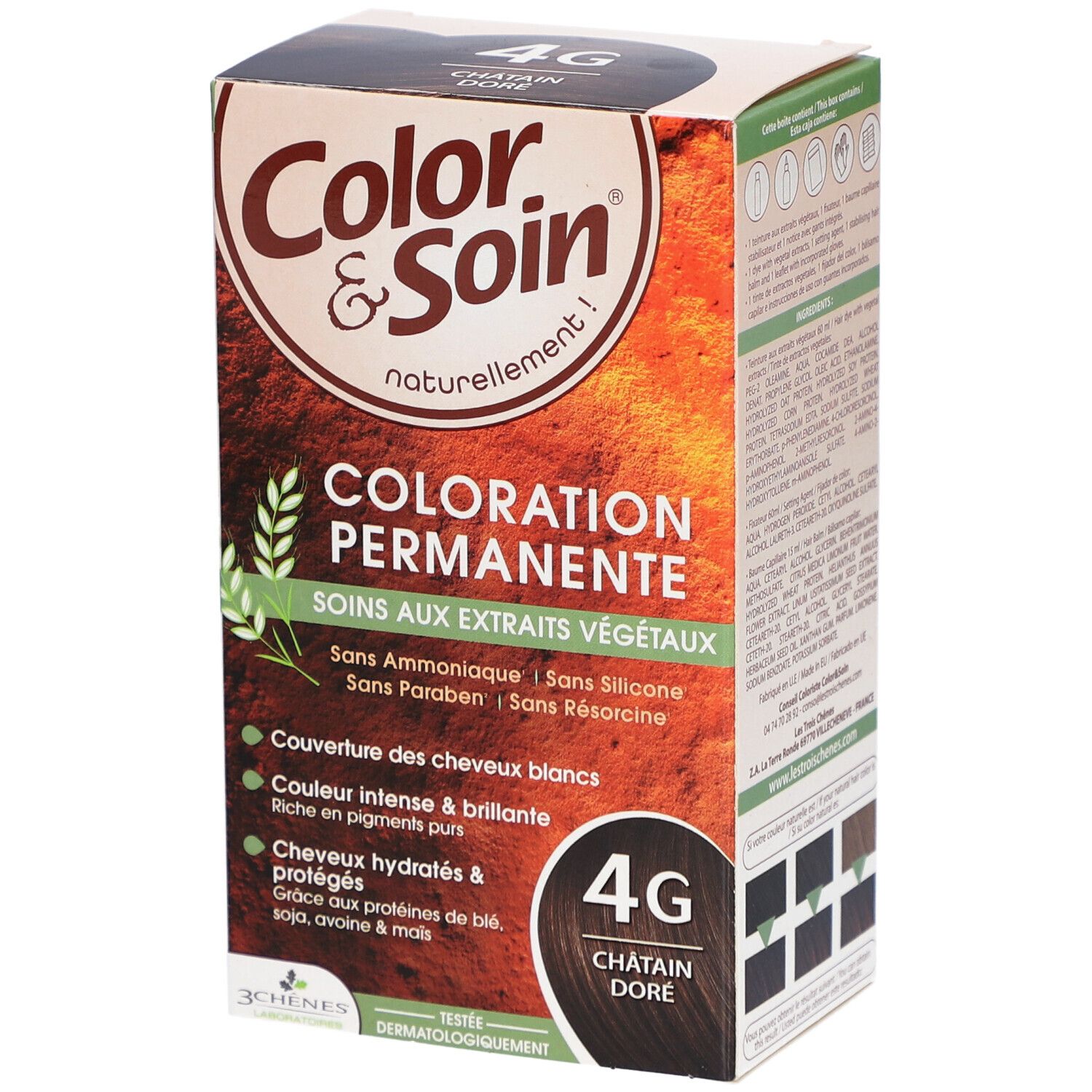 Boîte Color & Soin 4G Châtain doré. Coloration permanente aux extraits végétaux. Sans ammoniaque, silicone, parabène, résorcine.