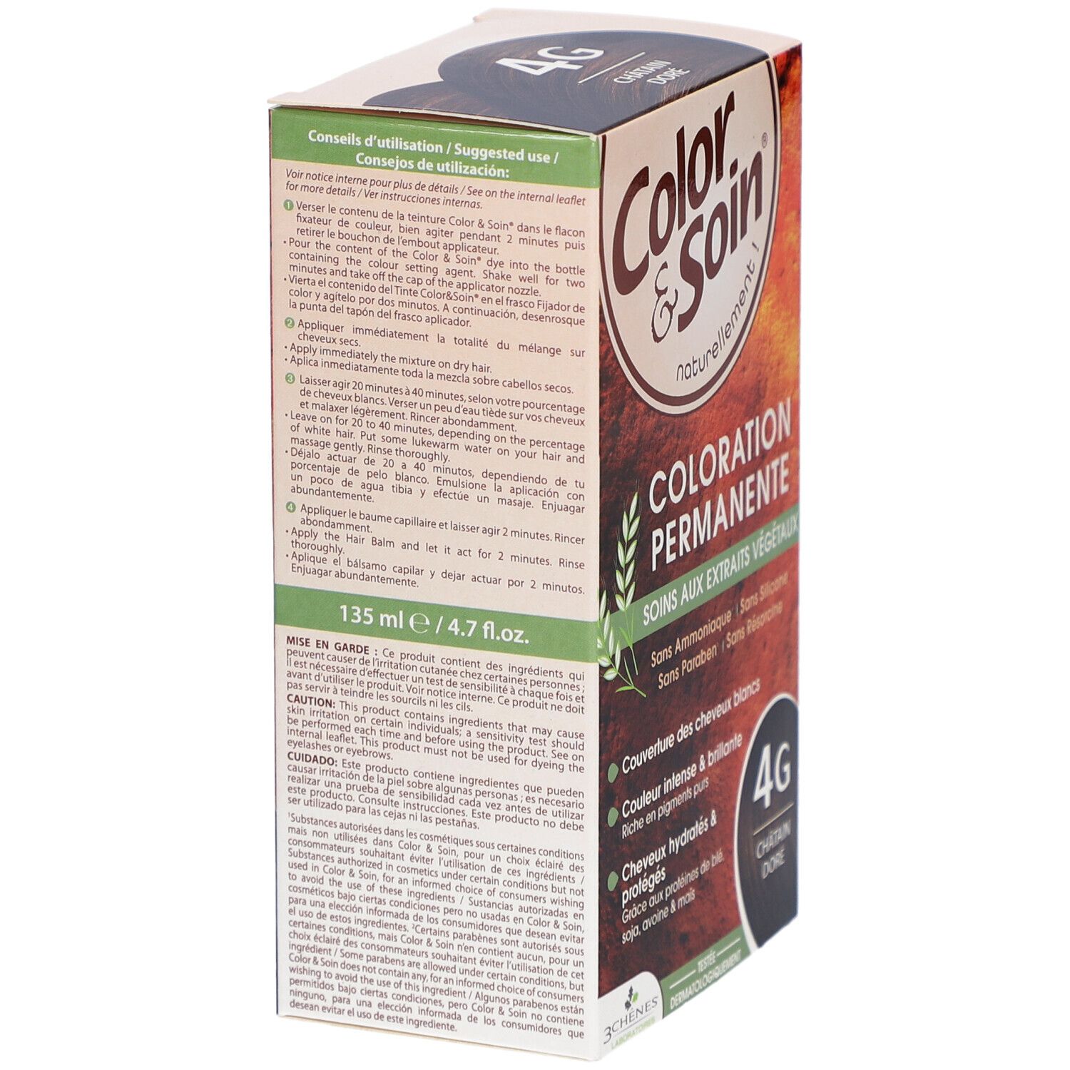 Boîte Color & Soin 4G. Conseils d'utilisation et ingrédients. Contient 135 ml/4.7 fl.oz. Fabriqué en France.