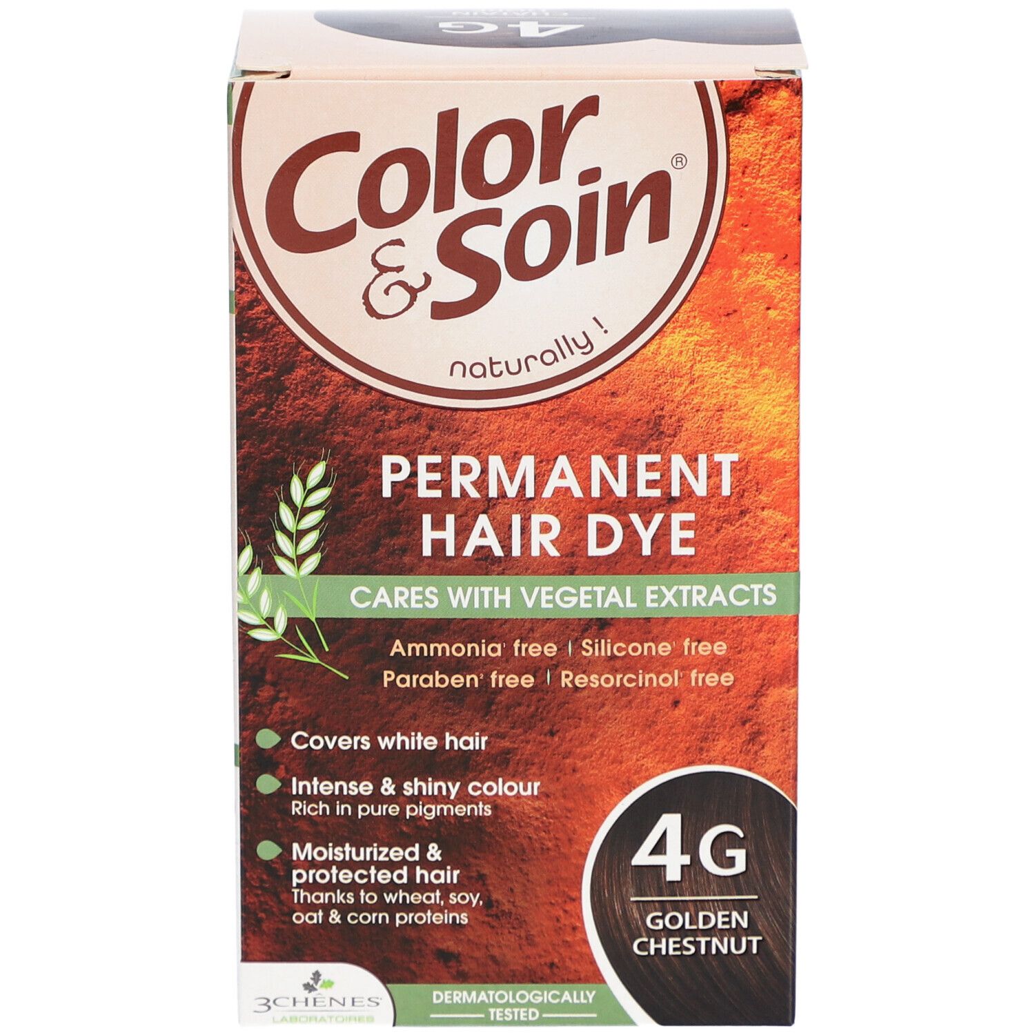 Boîte Color & Soin 4G Châtain doré. Coloration permanente aux extraits végétaux. Couvre les cheveux blancs. Testé dermatologiquement.