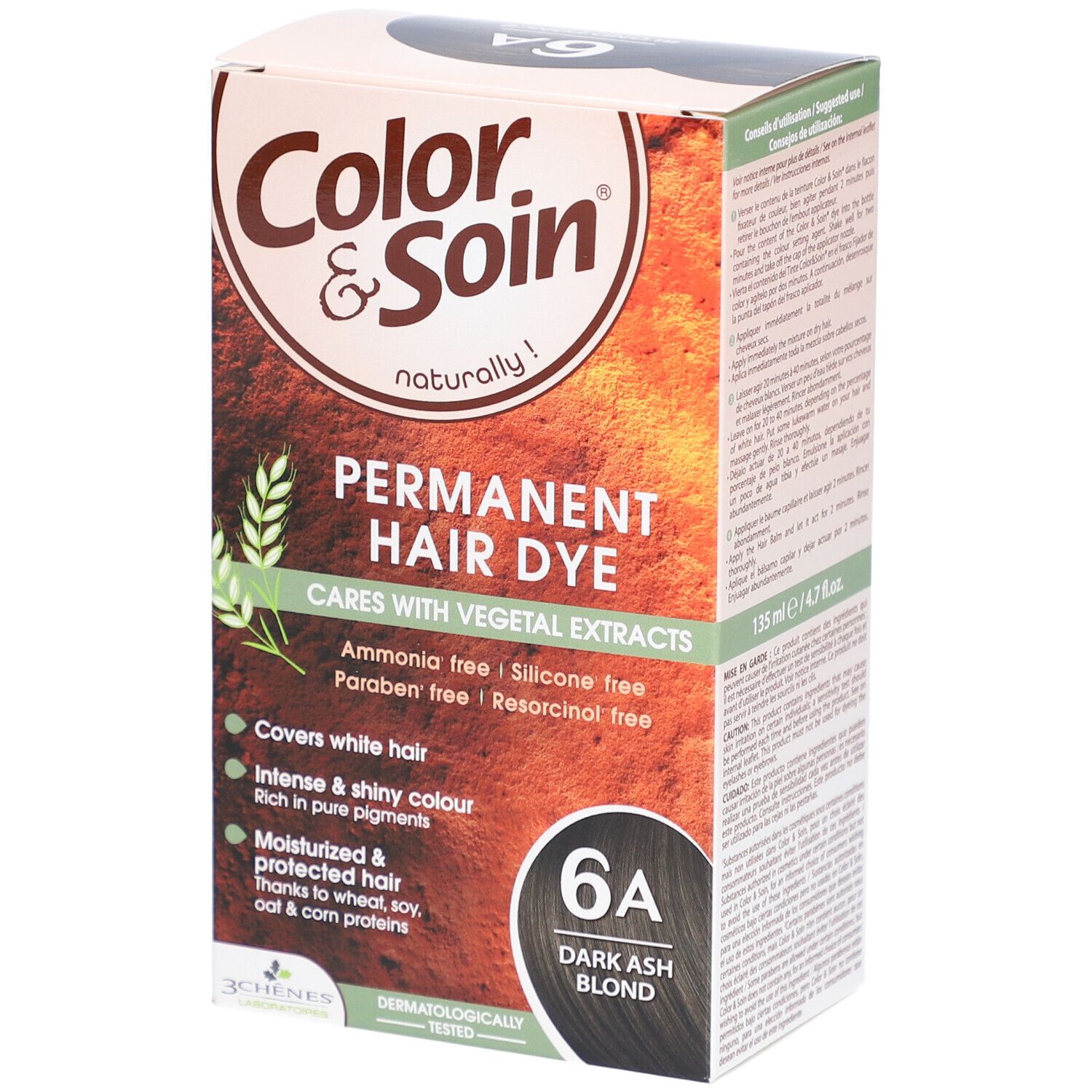 Haarfärbemittel-Box. "Color & Soin" mit "6A Dunkelblond Aschblond". Enthält pflanzliche Extrakte. Dermatologisch getestet.