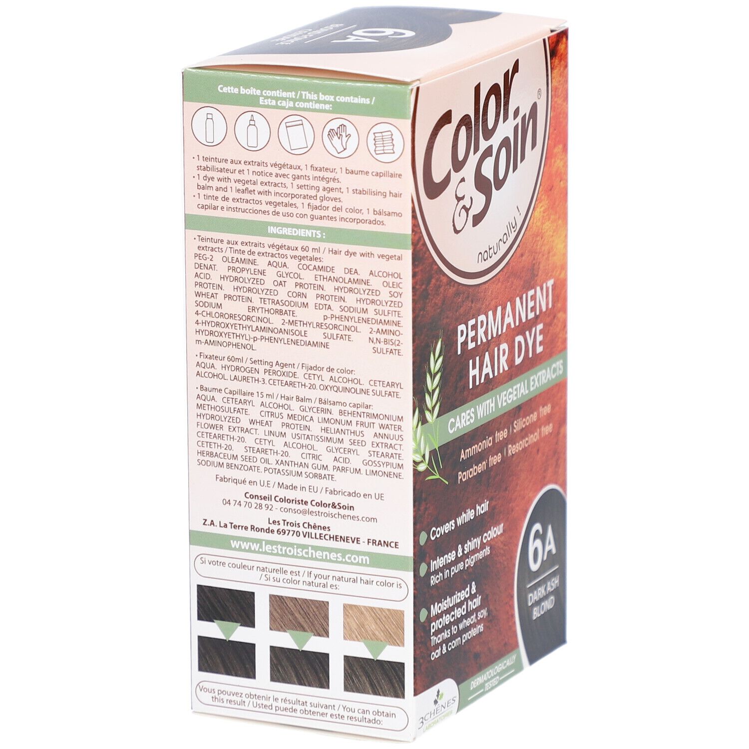 Rückseite der Haarfärbemittel-Box. "Color & Soin". Inhaltsstoffe und Anwendungshinweise. Farbbeispiele für das Ergebnis.