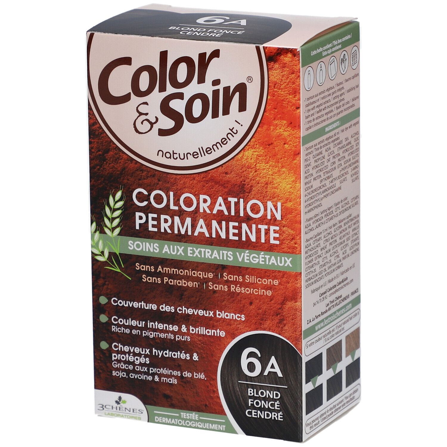 Haarfärbemittel-Box. "Color & Soin" mit "6A Blond foncé cendré". Enthält pflanzliche Extrakte. Ohne Ammoniak, Silikon, Parabene, Resorcin.