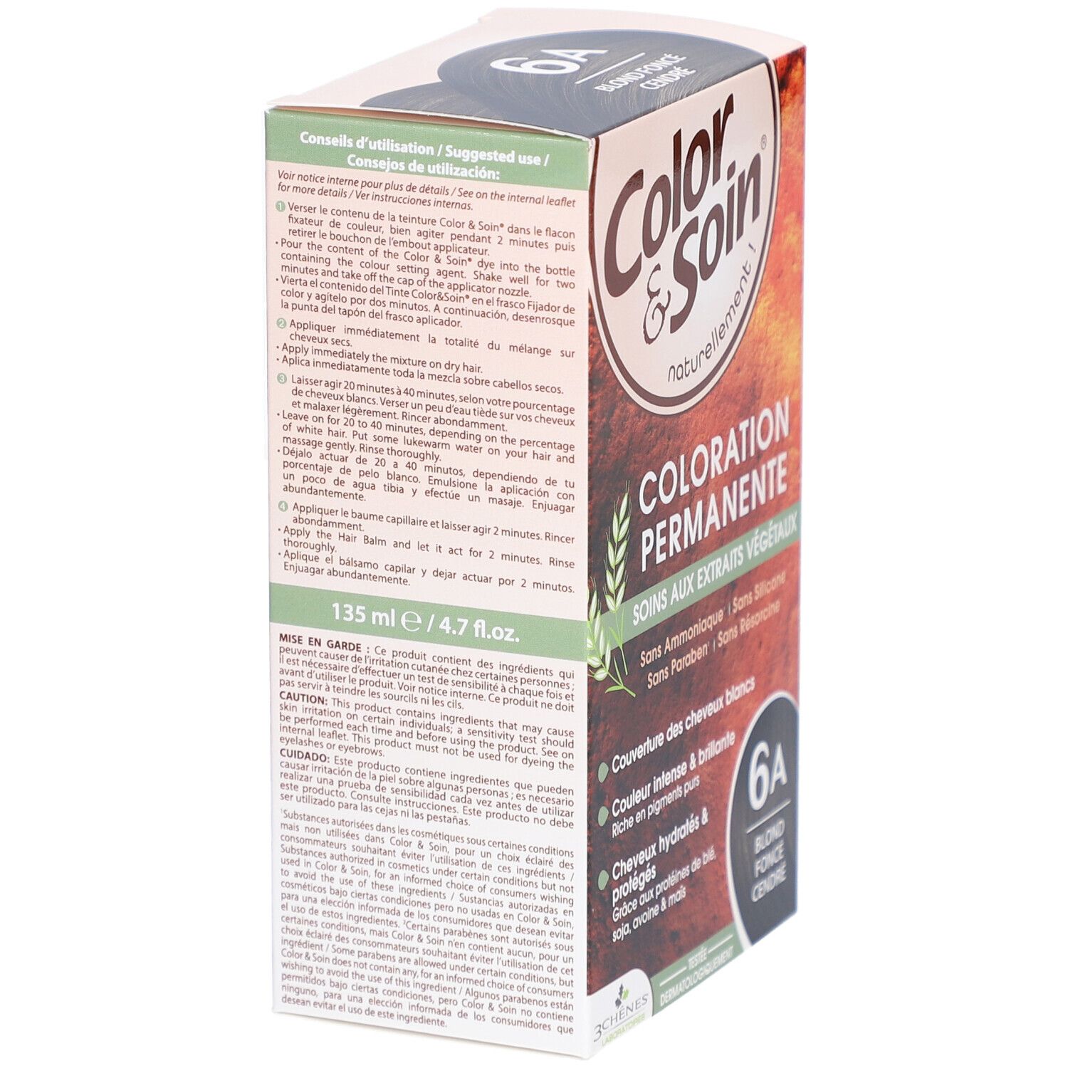 Haarfärbemittel-Box. "Color & Soin" mit "6A Blond foncé cendré". Anwendungshinweise und Inhaltsstoffe. 135 ml / 4.7 fl oz.