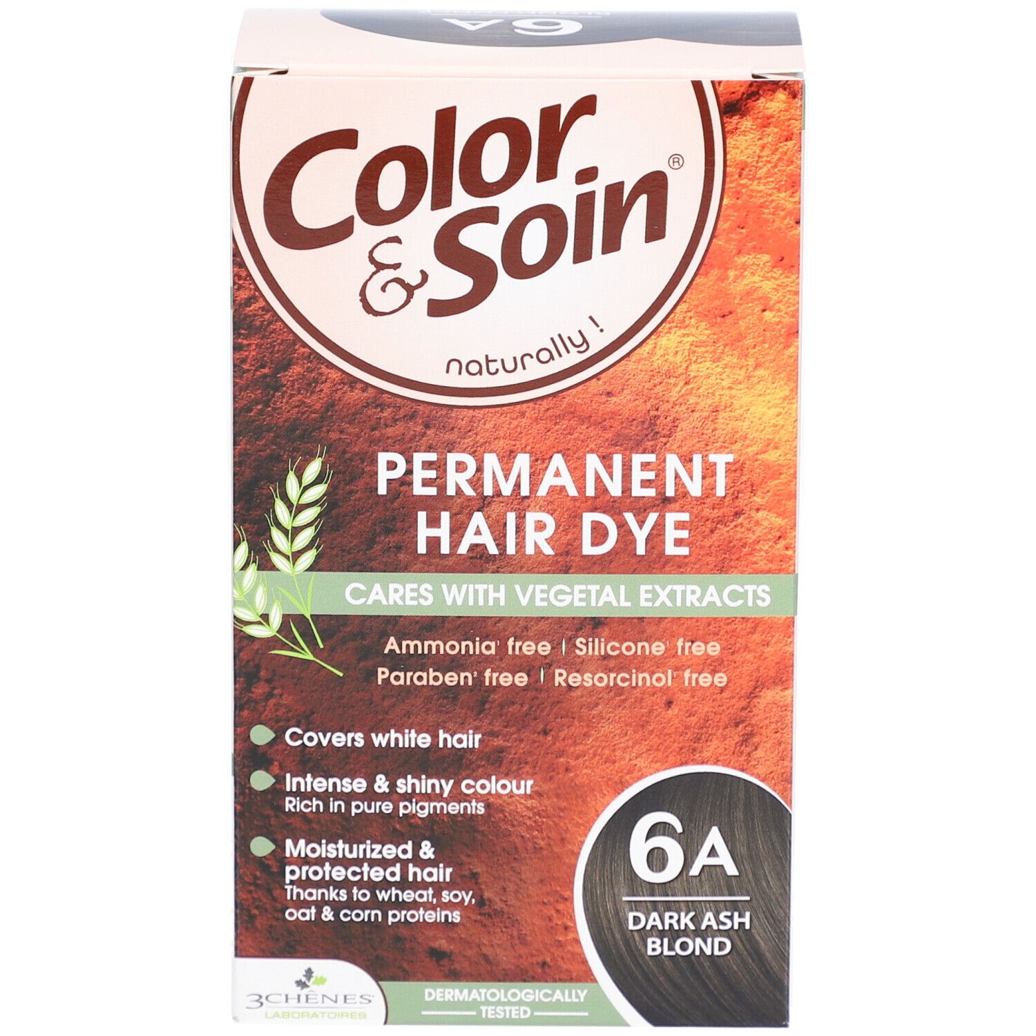 Haarfärbemittel-Box. "Color & Soin" mit "6A Dunkelblond Aschblond". Enthält pflanzliche Extrakte. Ohne Ammoniak, Silikon, Parabene, Resorcin.