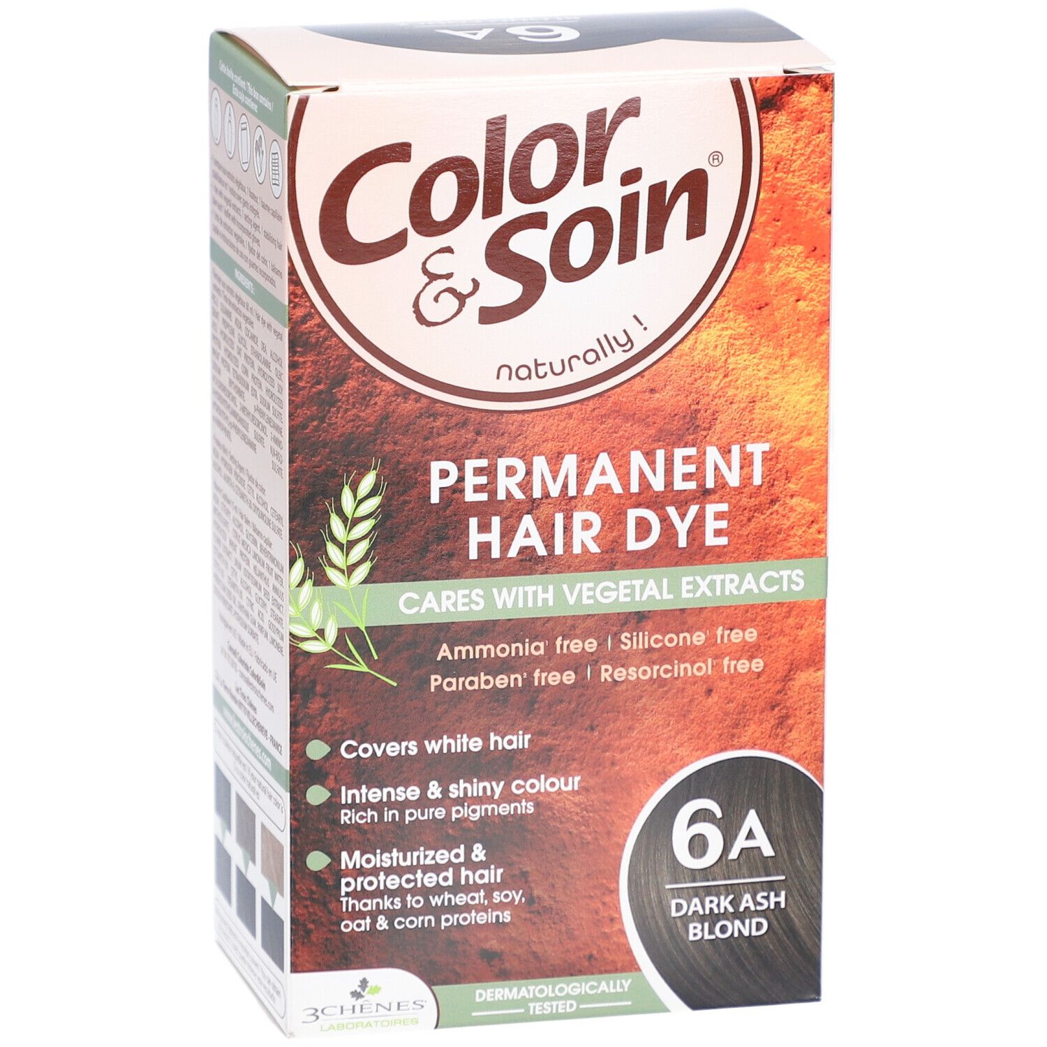 Haarfärbemittel-Box. "Color & Soin" mit "6A Dunkelblond Aschblond". Enthält pflanzliche Extrakte. Deckt graue Haare ab.