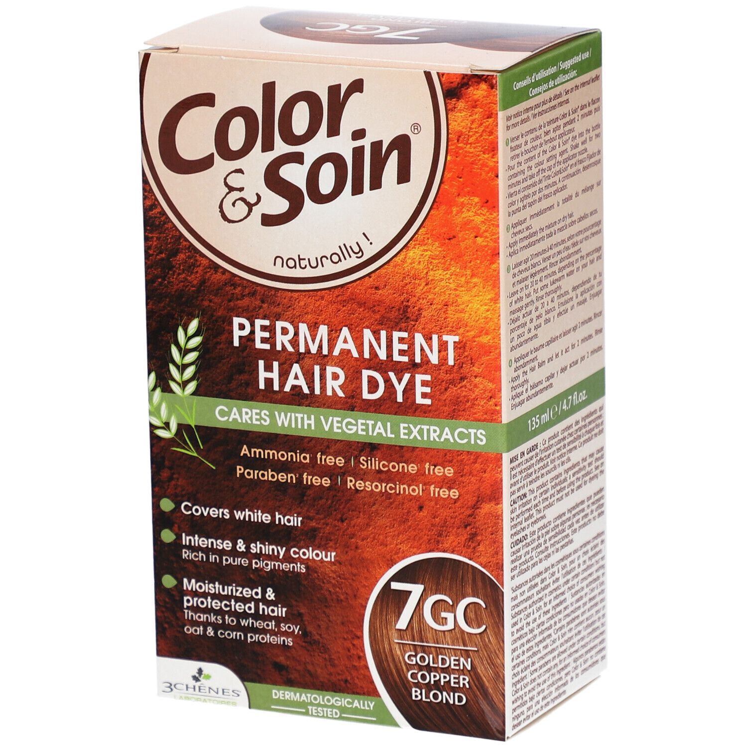Schachtel Color & Soin, Permanent Hair Dye, 7GC Golden Copper Blond. Enthält pflanzliche Extrakte. Deckt graues Haar ab.