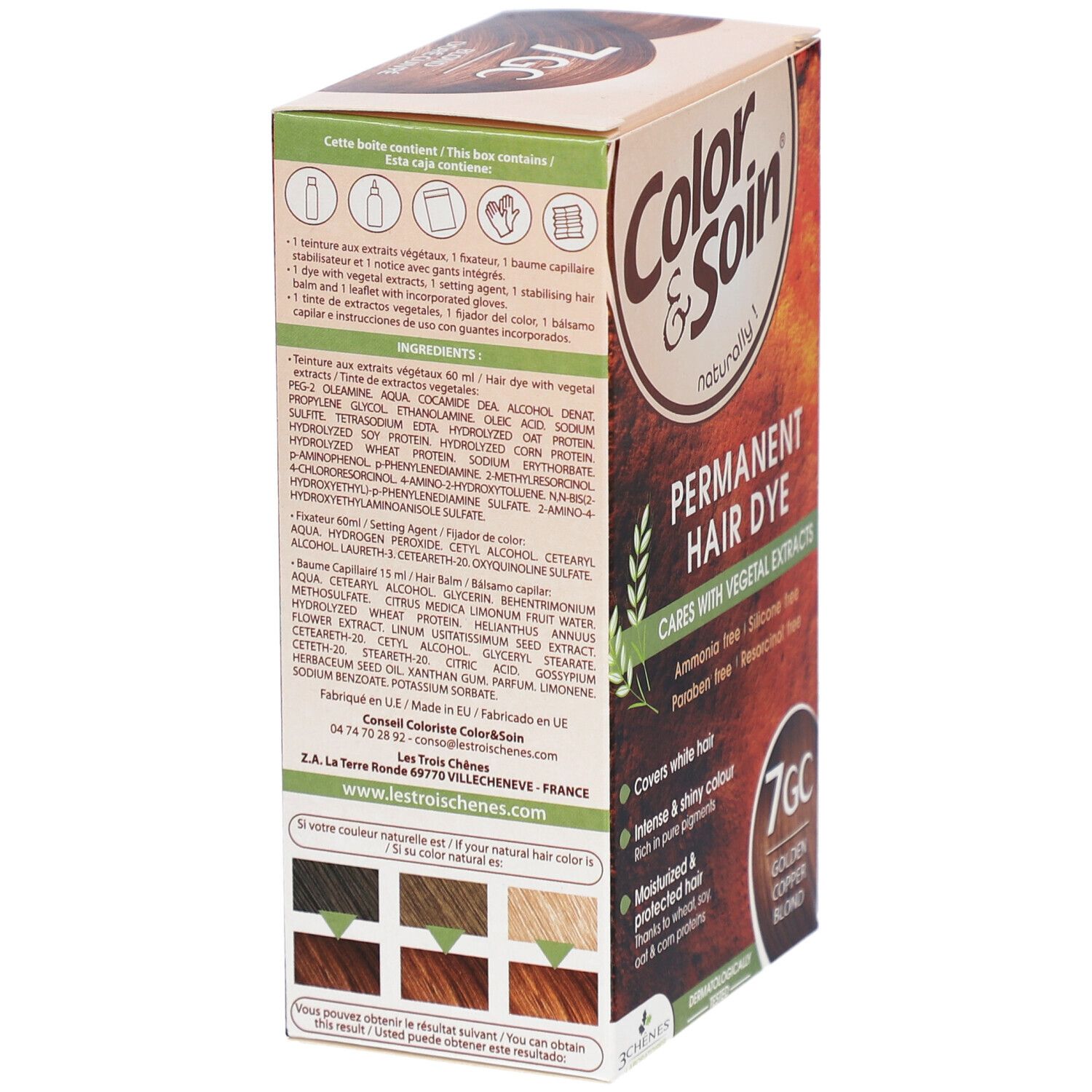 Rückseite der Color & Soin-Schachtel. Enthält Inhaltsstoffe und Anweisungen. 7GC Golden Copper Blond. Mit pflanzlichen Extrakten.