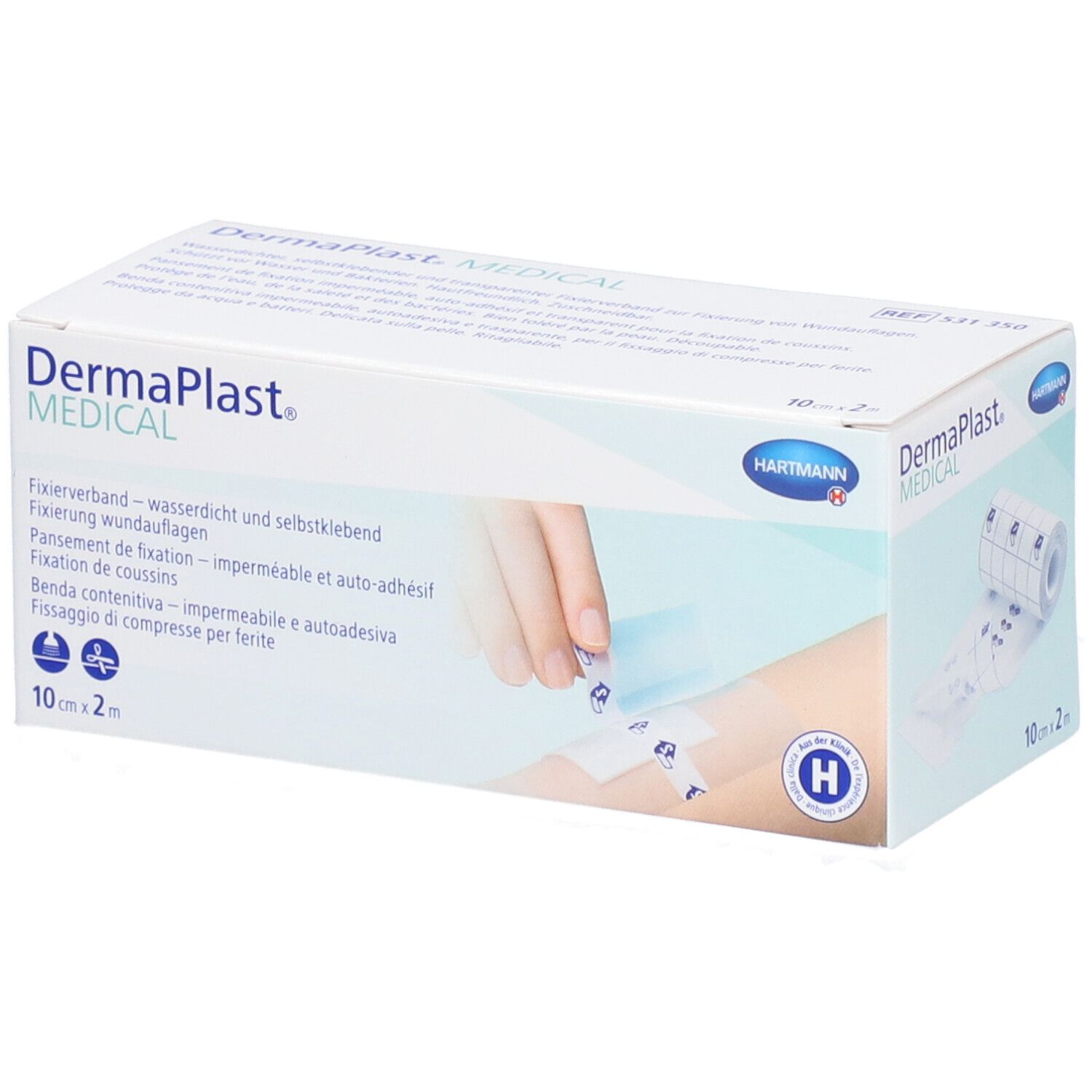 Dermaplast® Medical Fixierpflaster-Box. Enthält Fixierverband, wasserdicht und selbstklebend. 10 cm x 2 m. Hartmann Logo.