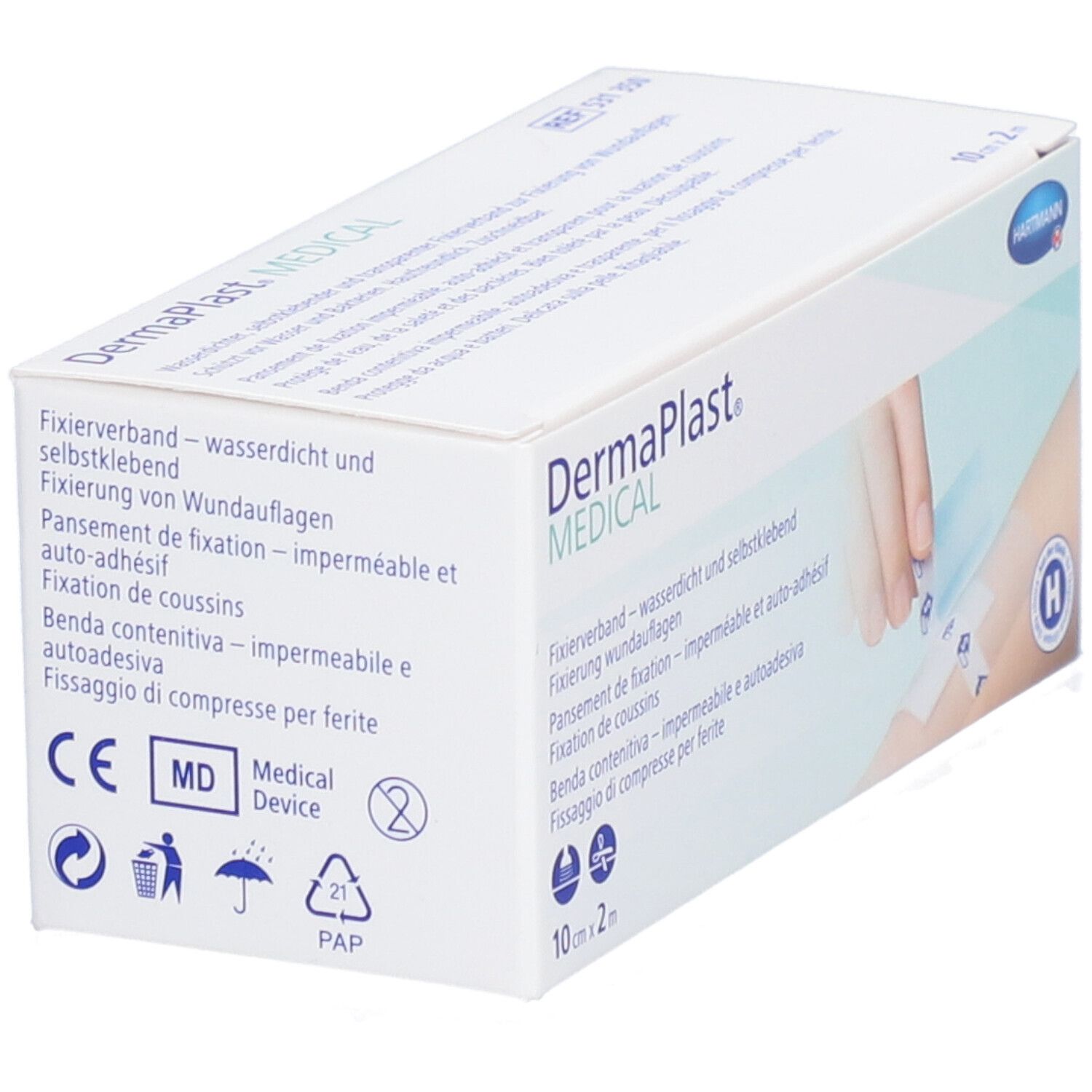 Dermaplast® Medical-Box. Fixierverband, wasserdicht und selbstklebend. Medizinprodukt. 10 cm x 2 m. CE-Kennzeichnung. Recycling-Symbole.