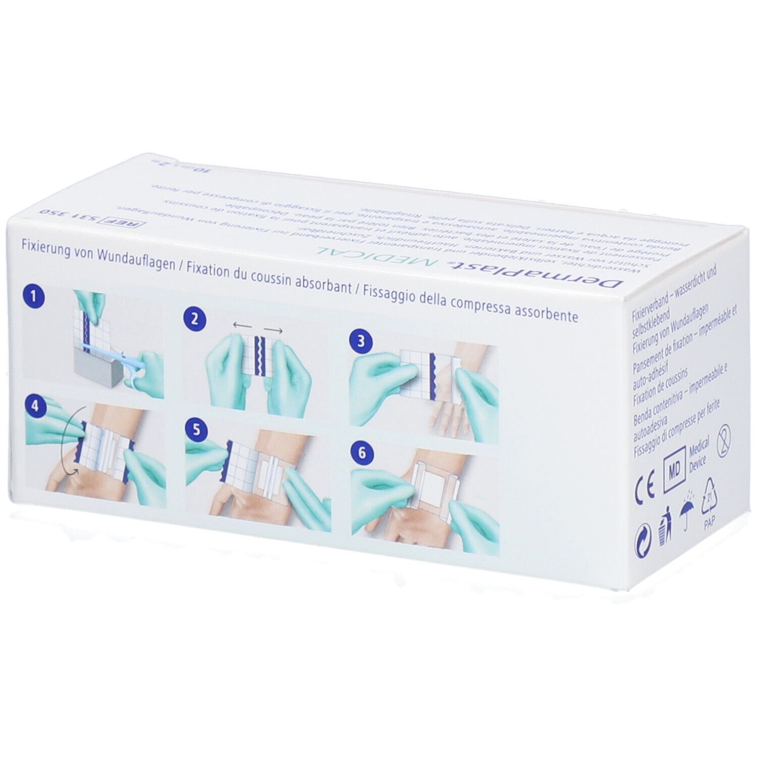 Dermaplast® Medical-Box. Abbildungen zur Anwendung des Fixierverbands. Medizinprodukt. CE-Kennzeichnung. Recycling-Symbole.