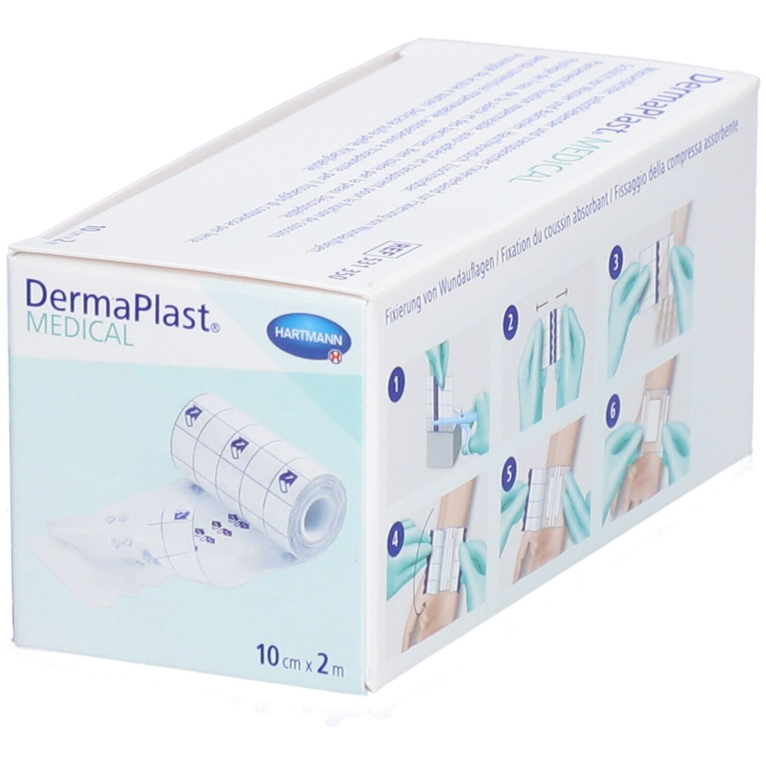 Dermaplast® Medical-Box mit Rolle Fixierverband. 10 cm x 2 m. Hartmann Logo. Abbildungen zur Anwendung des Verbands.