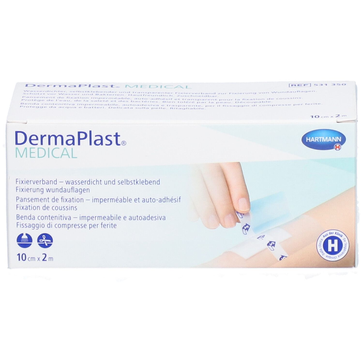 Dermaplast® Medical-Box. Fixierverband, wasserdicht und selbstklebend. 10 cm x 2 m. Hartmann Logo. H-Logo.