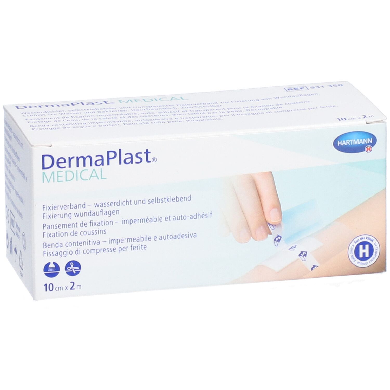 Dermaplast® Medical-Box. Fixierverband, wasserdicht und selbstklebend. 10 cm x 2 m. Hartmann Logo. H-Logo.