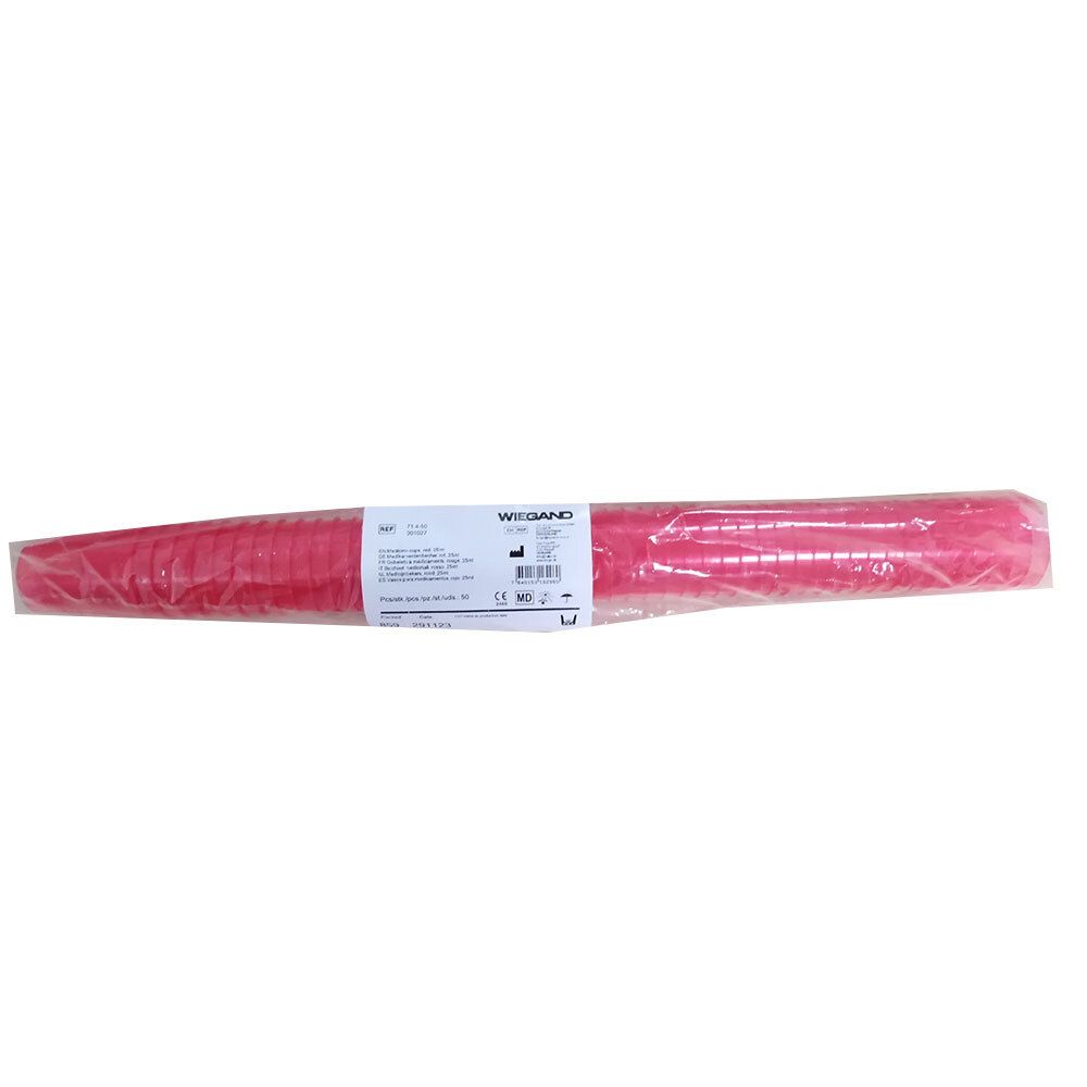 Emballage de gobelets rouges lavables. Impression avec informations produit et marque WIEGAND.