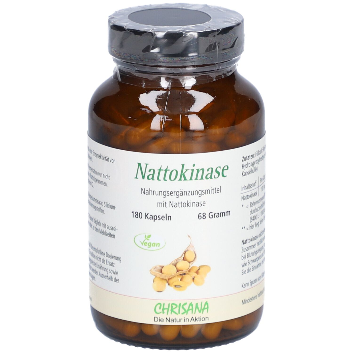 Braune Glasflasche mit Kapseln. Etikett mit Produktinformationen: Nattokinase, 180 Kapseln, 68 Gramm, vegan. Marke: CHRISANA.