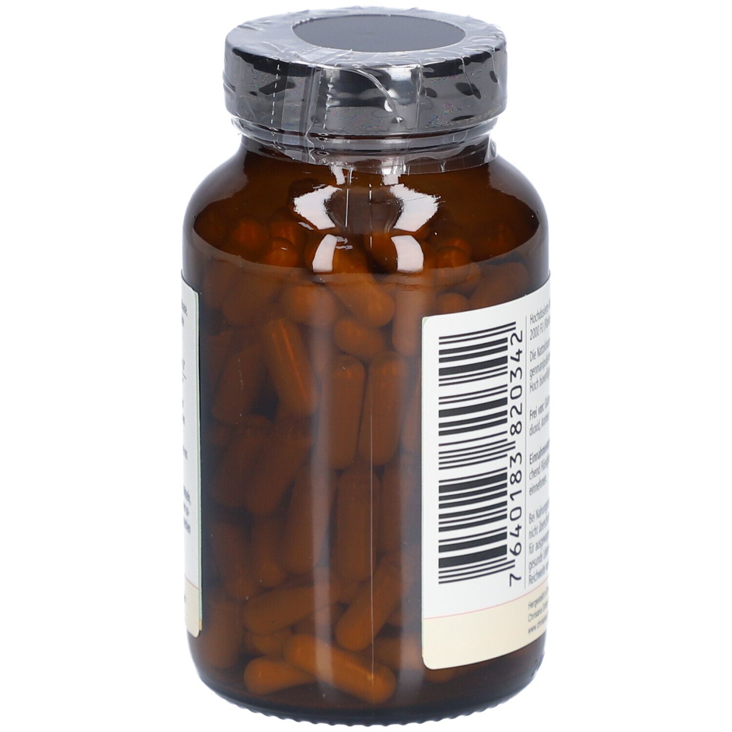 Braune Glasflasche mit Kapseln. Sicht auf die Kapseln im Inneren. Schwarzer Deckel mit Folie versiegelt.