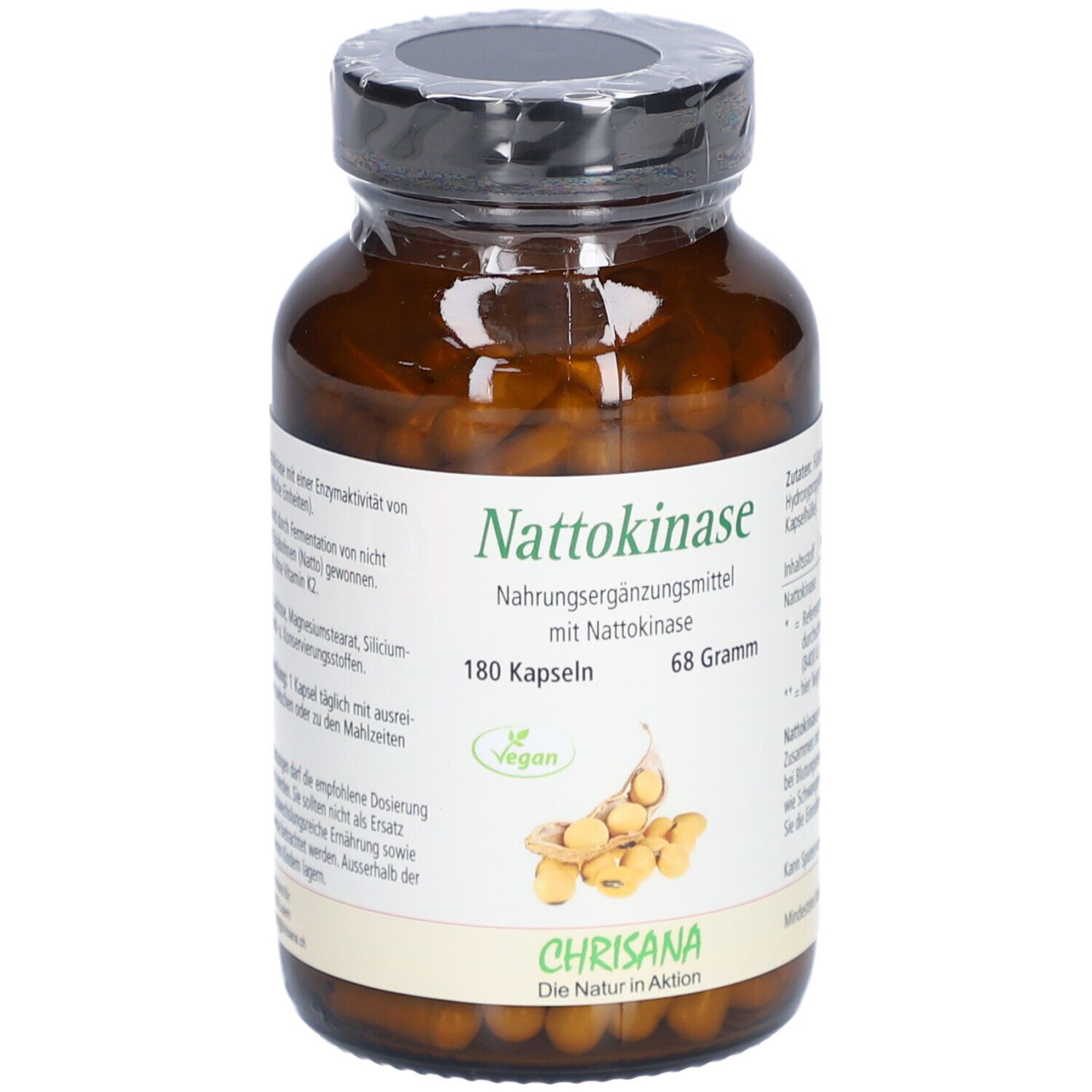 Braune Glasflasche mit Kapseln. Etikett mit Produktinformationen: Nattokinase, 180 Kapseln, 68 Gramm, vegan. Marke: CHRISANA.