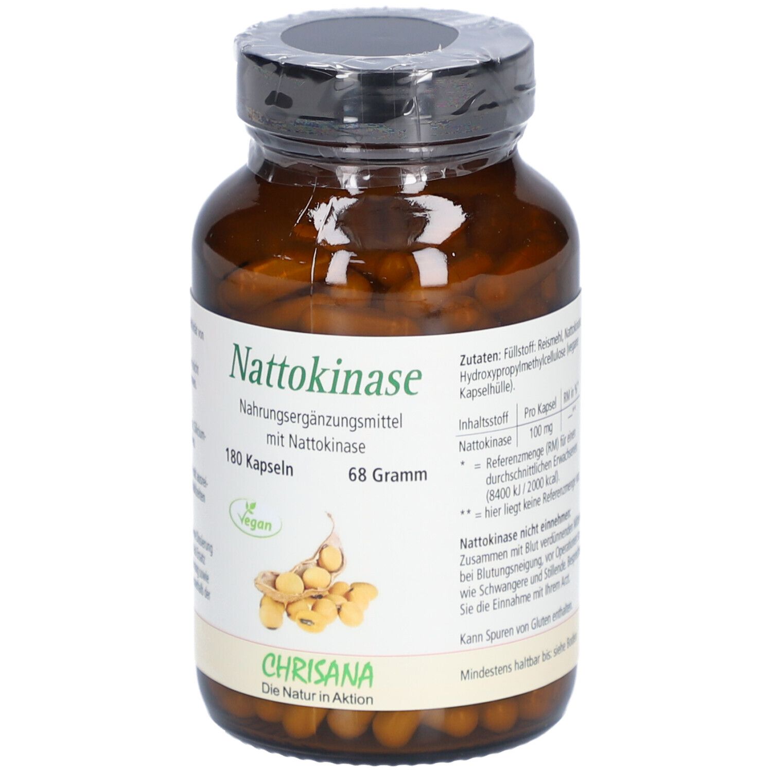 Braune Glasflasche mit Kapseln. Etikett mit Produktinformationen: Nattokinase, 180 Kapseln, 68 Gramm, vegan. Marke: CHRISANA.
