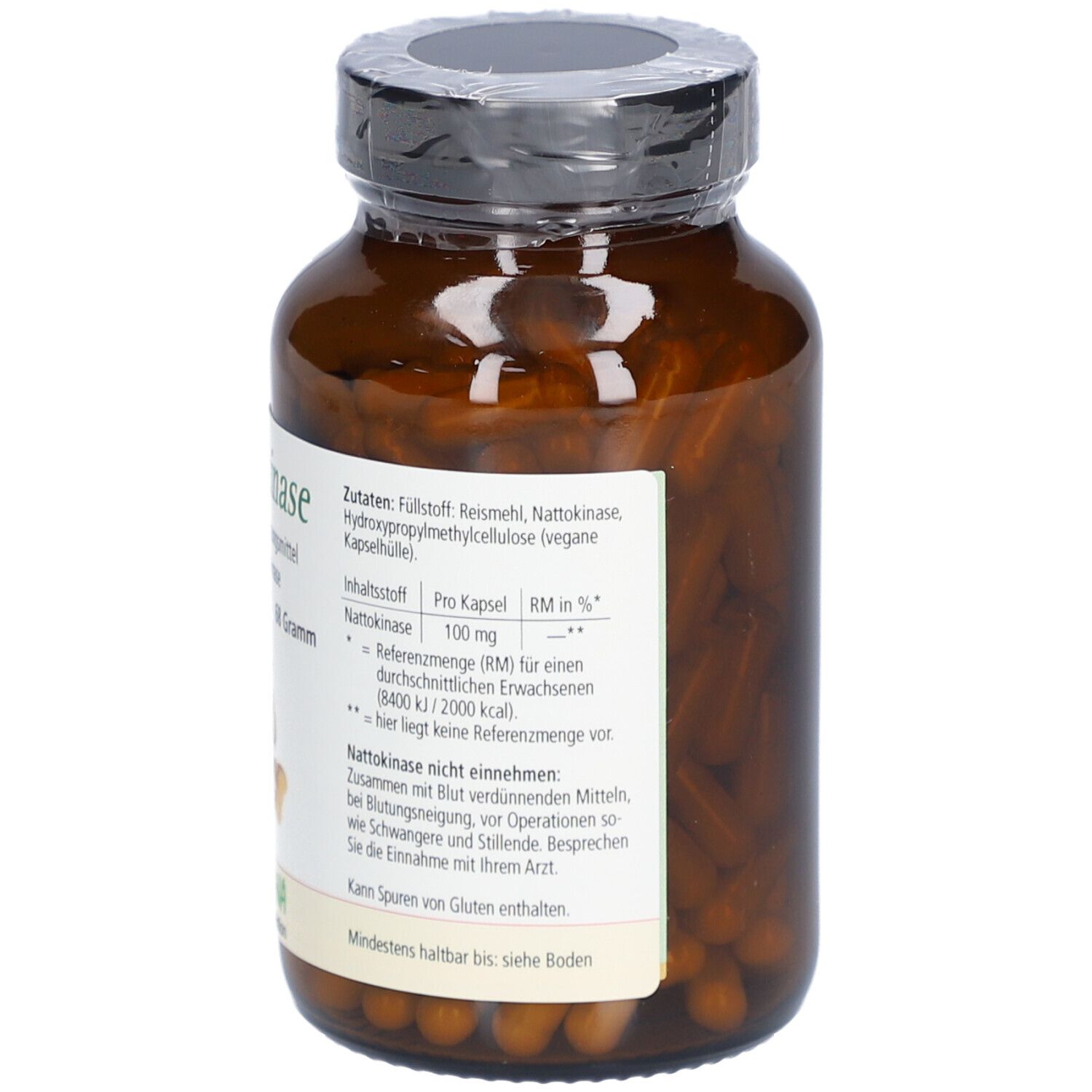 Braune Glasflasche mit Kapseln. Etikett mit Produktinformationen: Nattokinase, 180 Kapseln, 68 Gramm, vegan. Marke: CHRISANA.