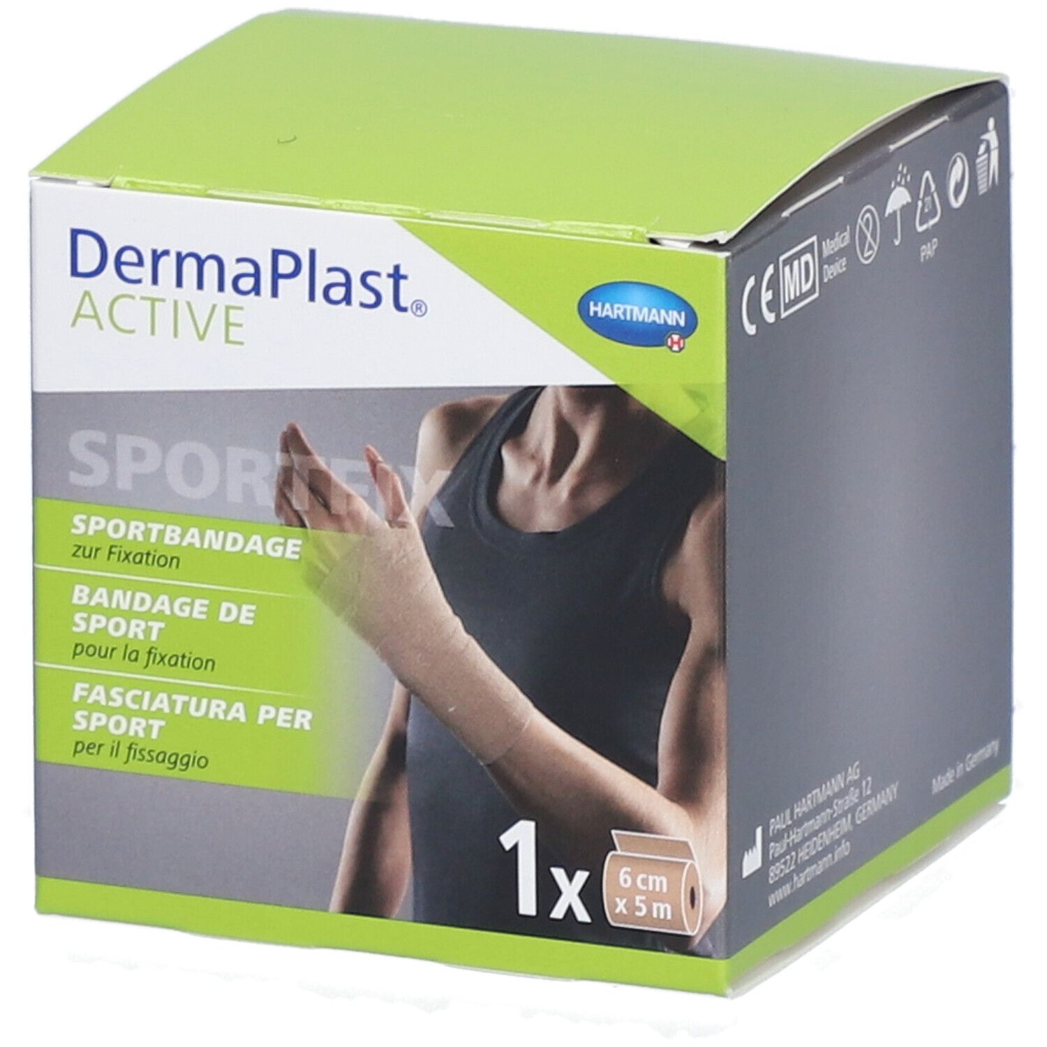 Dermaplast Active Sportfix Box. Beige Sportbandage, 6 cm x 5 m. Abbildung einer Hand mit Bandage.