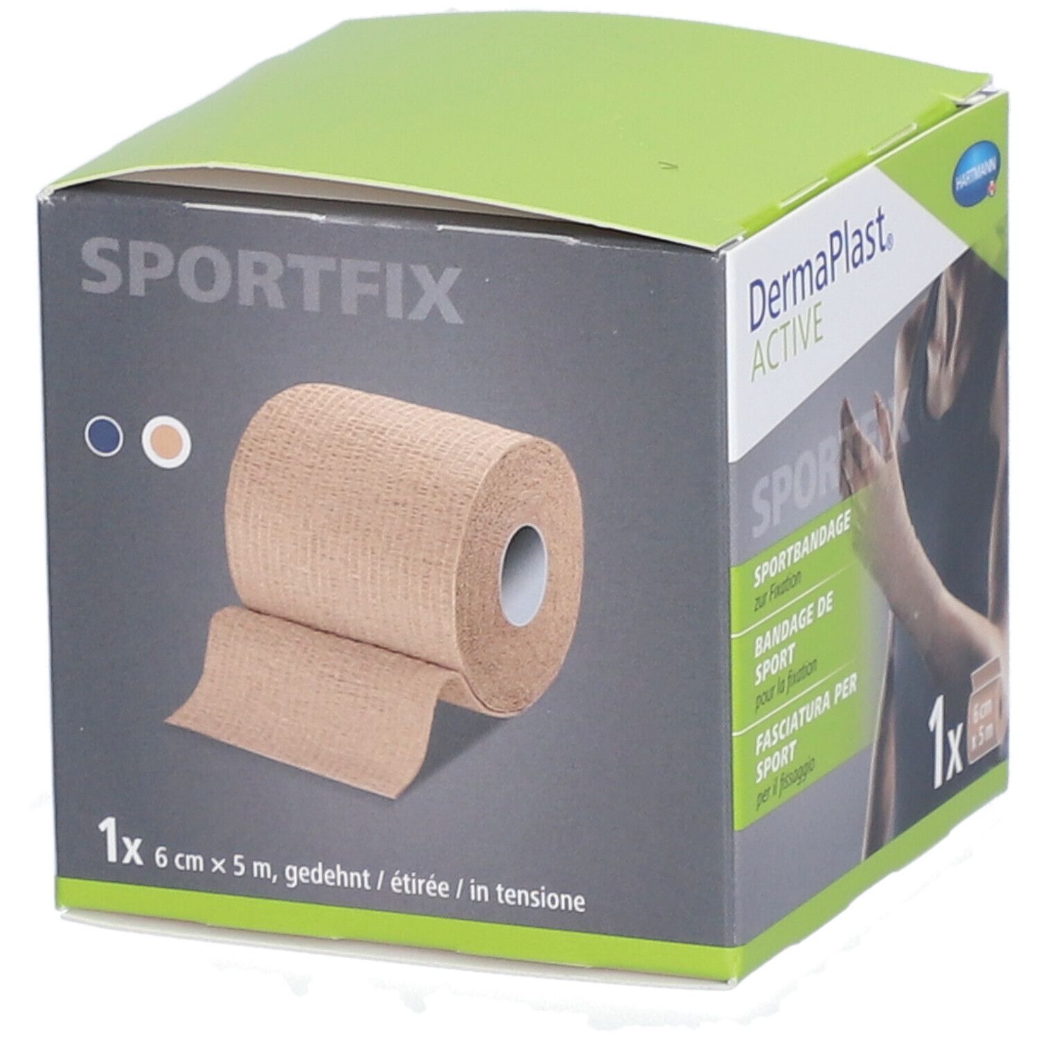 Dermaplast Active Sportfix Box. Rolle Sportbandage, beige, 6 cm x 5 m. Produktabbildung.