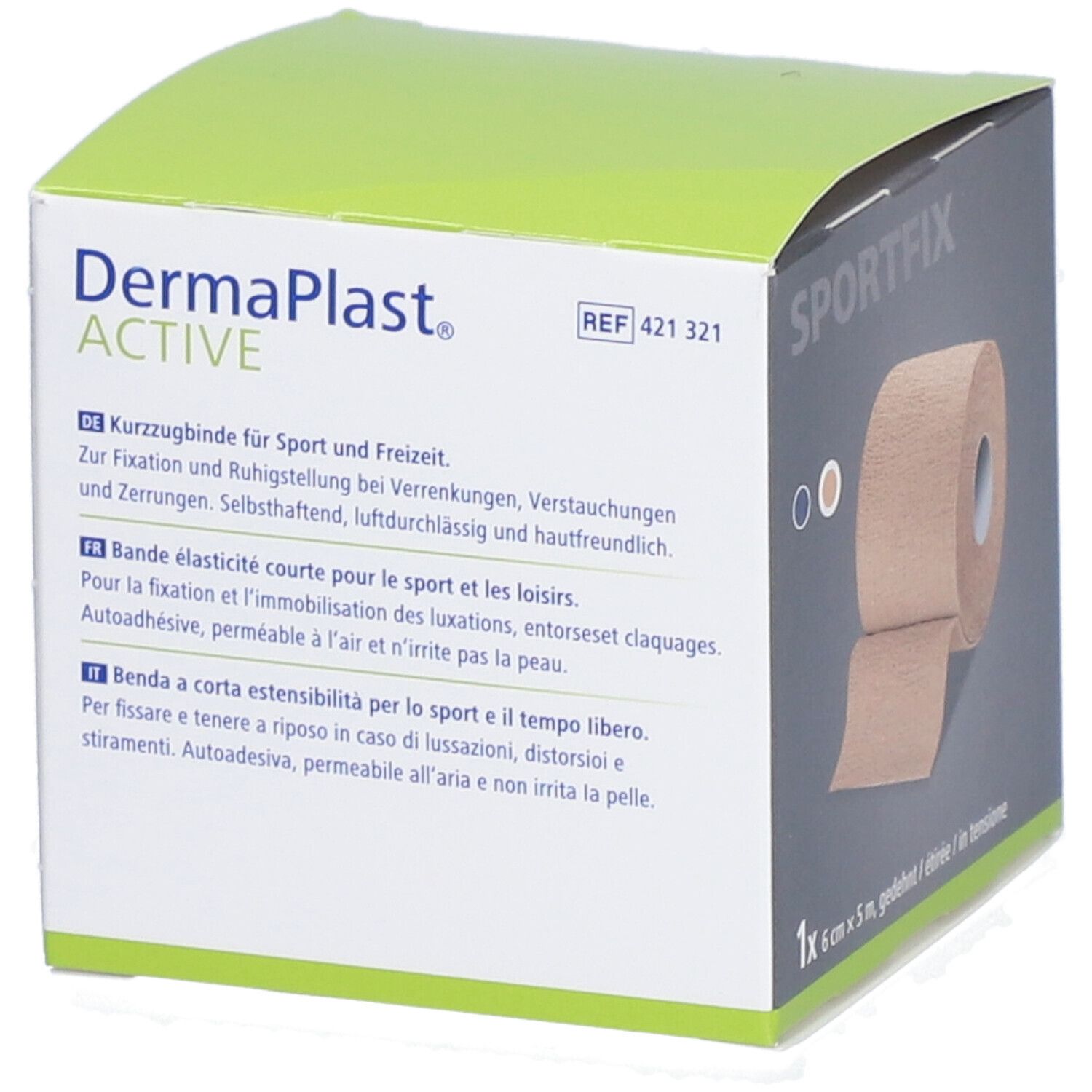 Dermaplast Active Sportfix Box. Beige Sportbandage, 6 cm x 5 m. Produktinformationen und Anwendungshinweise.