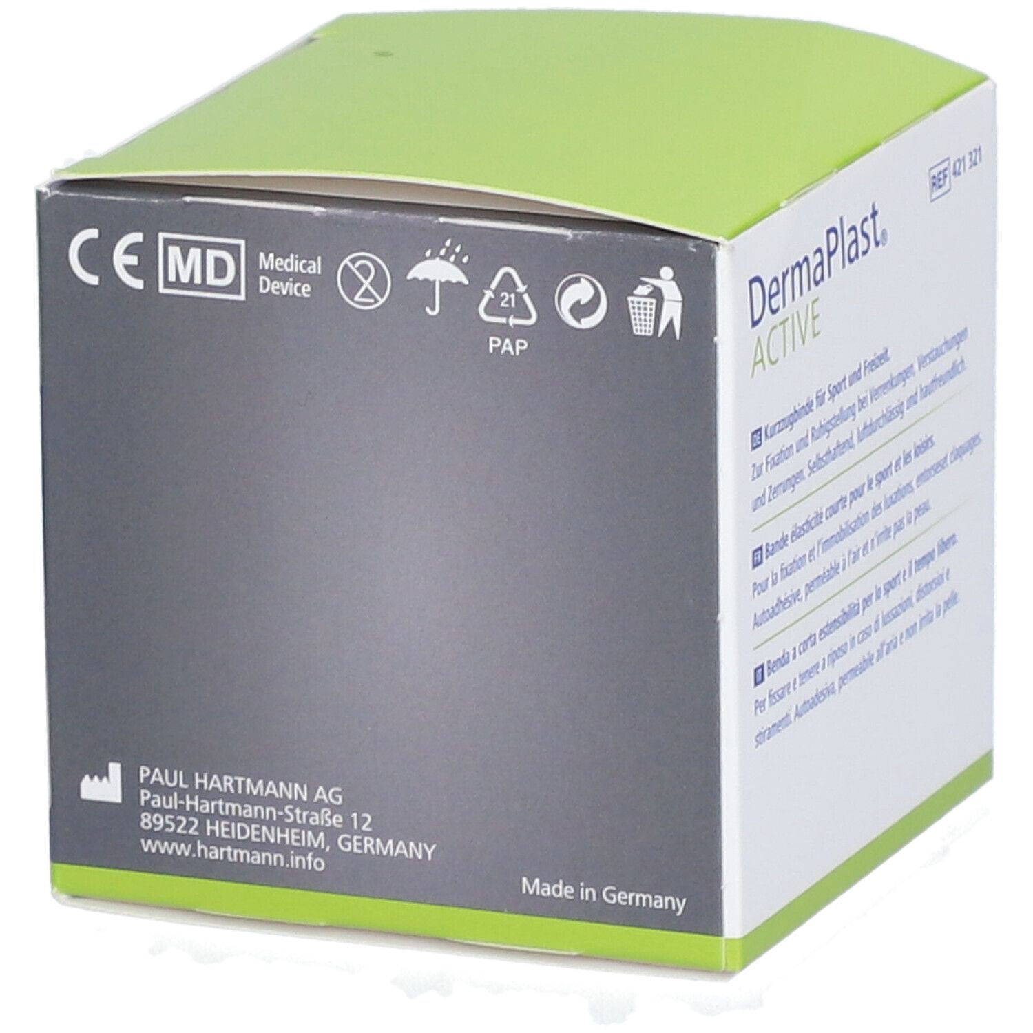 Rückseite der Dermaplast Active Sportfix Box. Informationen zu Hersteller, Inhaltsstoffen und Zertifizierungen.