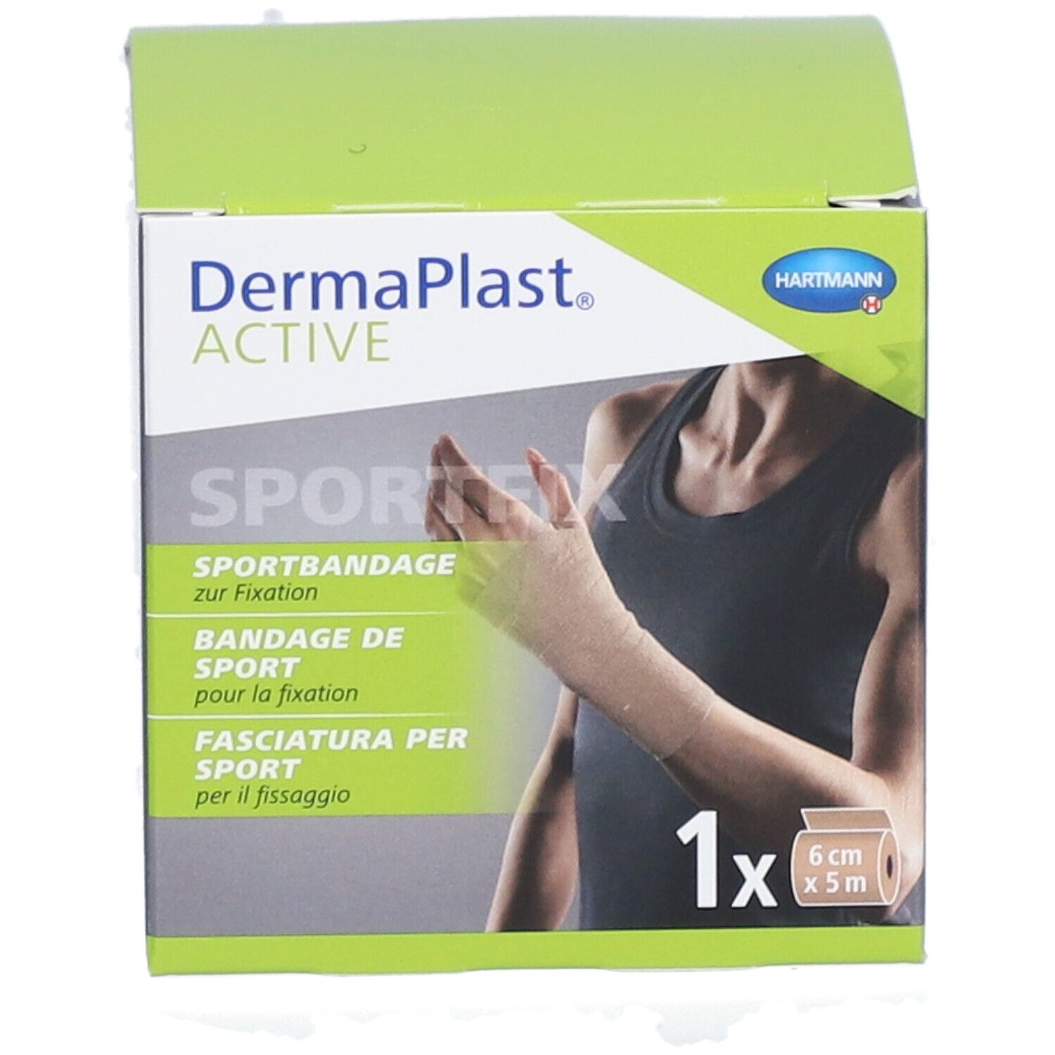 Dermaplast Active Sportfix Box. Beige Sportbandage, 6 cm x 5 m. Abbildung einer Hand mit Bandage.