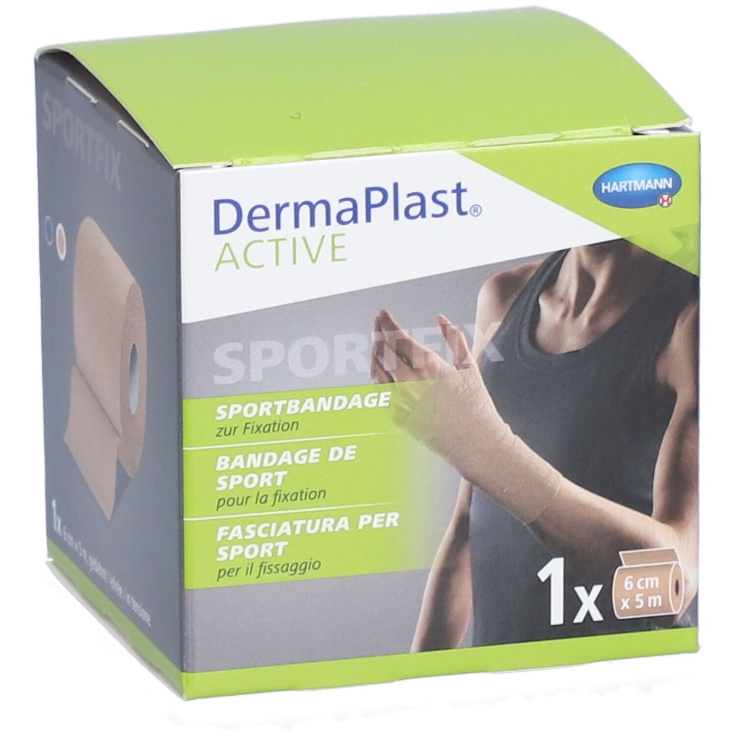Dermaplast Active Sportfix Box. Beige Sportbandage, 6 cm x 5 m. Produktabbildung.