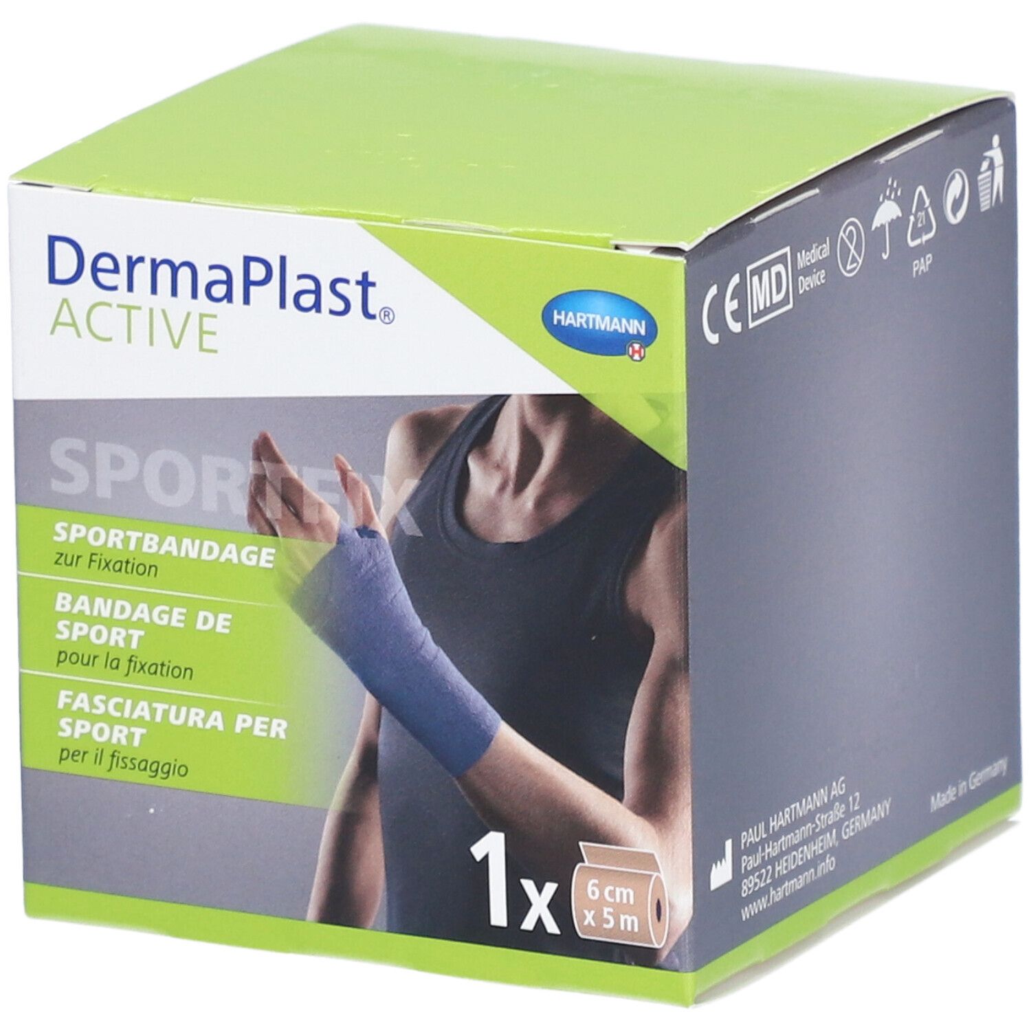 Verpackung von Dermaplast® Aktiv Sportfix. Zeigt eine Sportbandage, 6 cm x 5 m. Auf der Verpackung ist ein Arm mit Bandage abgebildet.