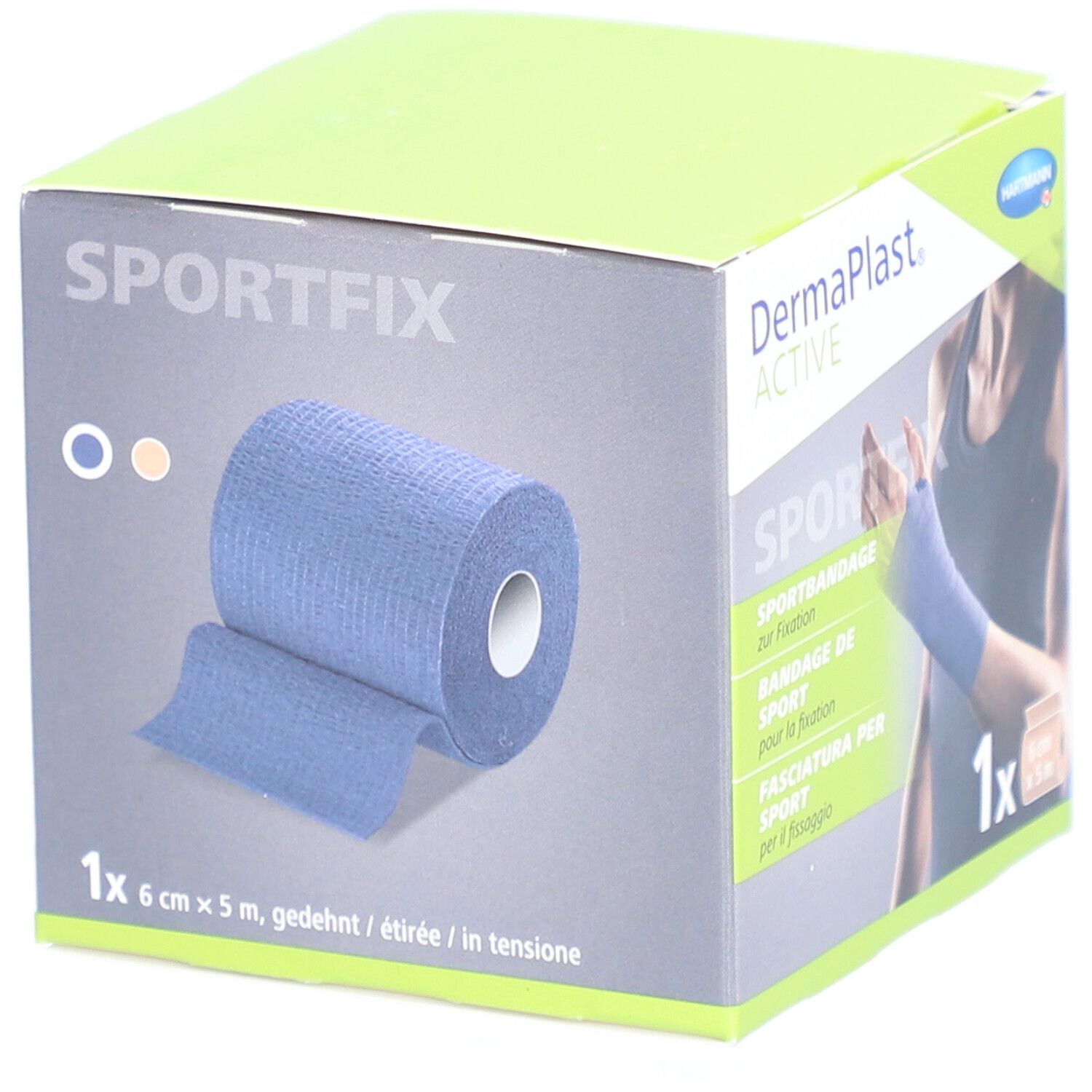Verpackung von Dermaplast® Aktiv Sportfix. Zeigt eine Rolle Sportbandage, 6 cm x 5 m. Auf der Verpackung ist ein Arm mit Bandage abgebildet.
