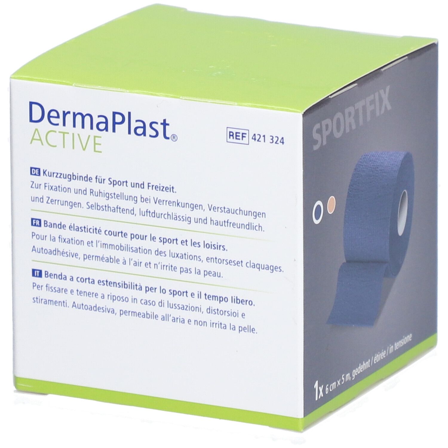 Verpackung von Dermaplast® Aktiv Sportfix. Zeigt eine Rolle Sportbandage, 6 cm x 5 m. Auf der Verpackung sind Informationen in verschiedenen Sprachen.
