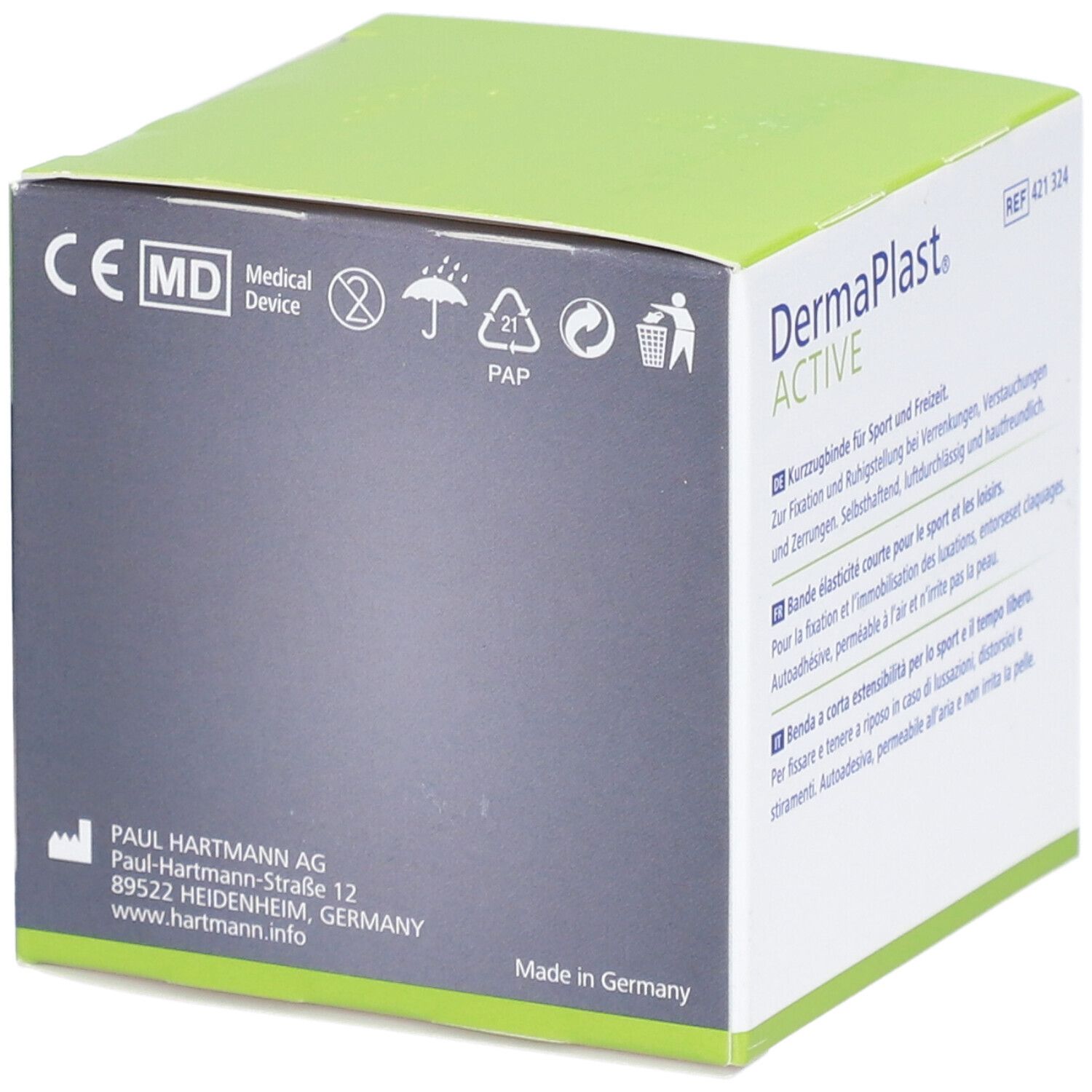 Rückseite der Verpackung von Dermaplast® Aktiv Sportfix. Enthält Informationen über den Hersteller und Zertifizierungen.