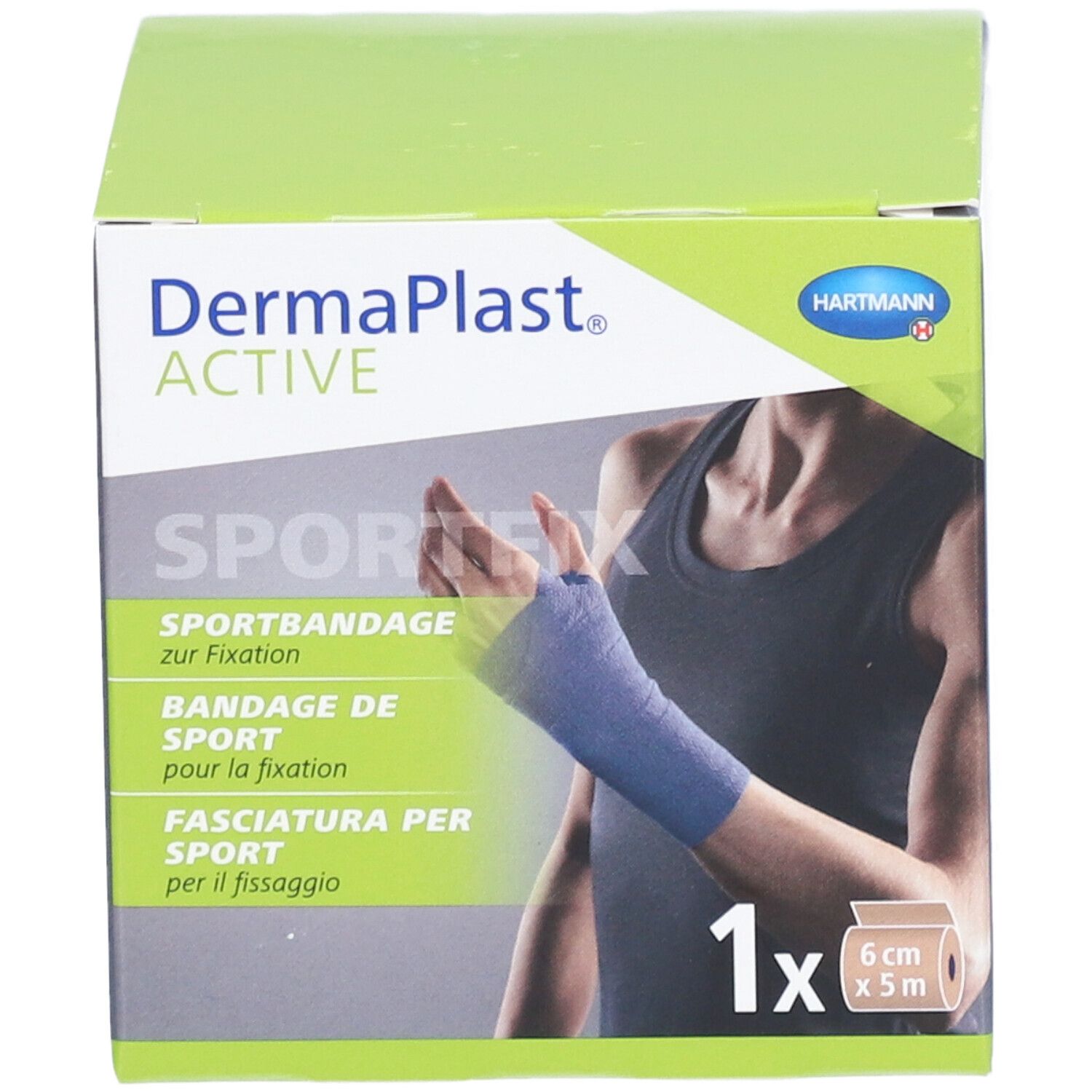 Verpackung von Dermaplast® Aktiv Sportfix. Zeigt eine Sportbandage, 6 cm x 5 m. Auf der Verpackung ist ein Arm mit Bandage abgebildet.