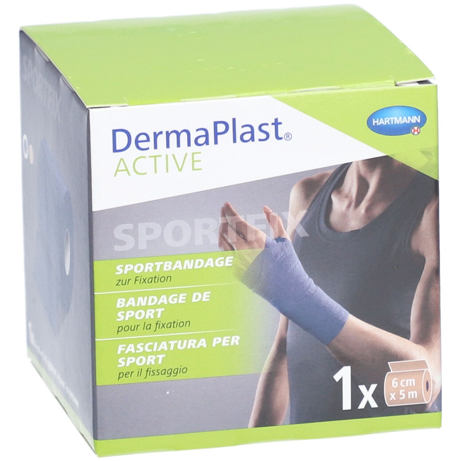 Verpackung von Dermaplast® Aktiv Sportfix. Zeigt eine Sportbandage, 6 cm x 5 m. Auf der Verpackung ist ein Arm mit Bandage abgebildet.