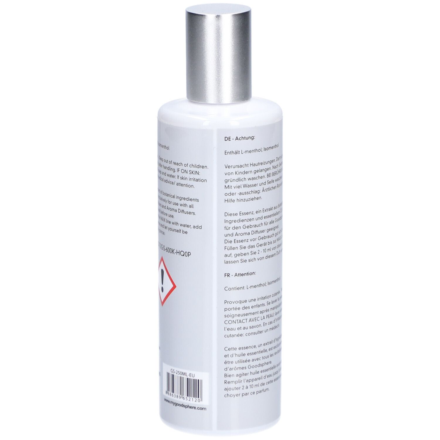 Weiße Flasche mit silbernem Verschluss. Text in deutscher und französischer Sprache. Gefahrensymbol. Rückseite.