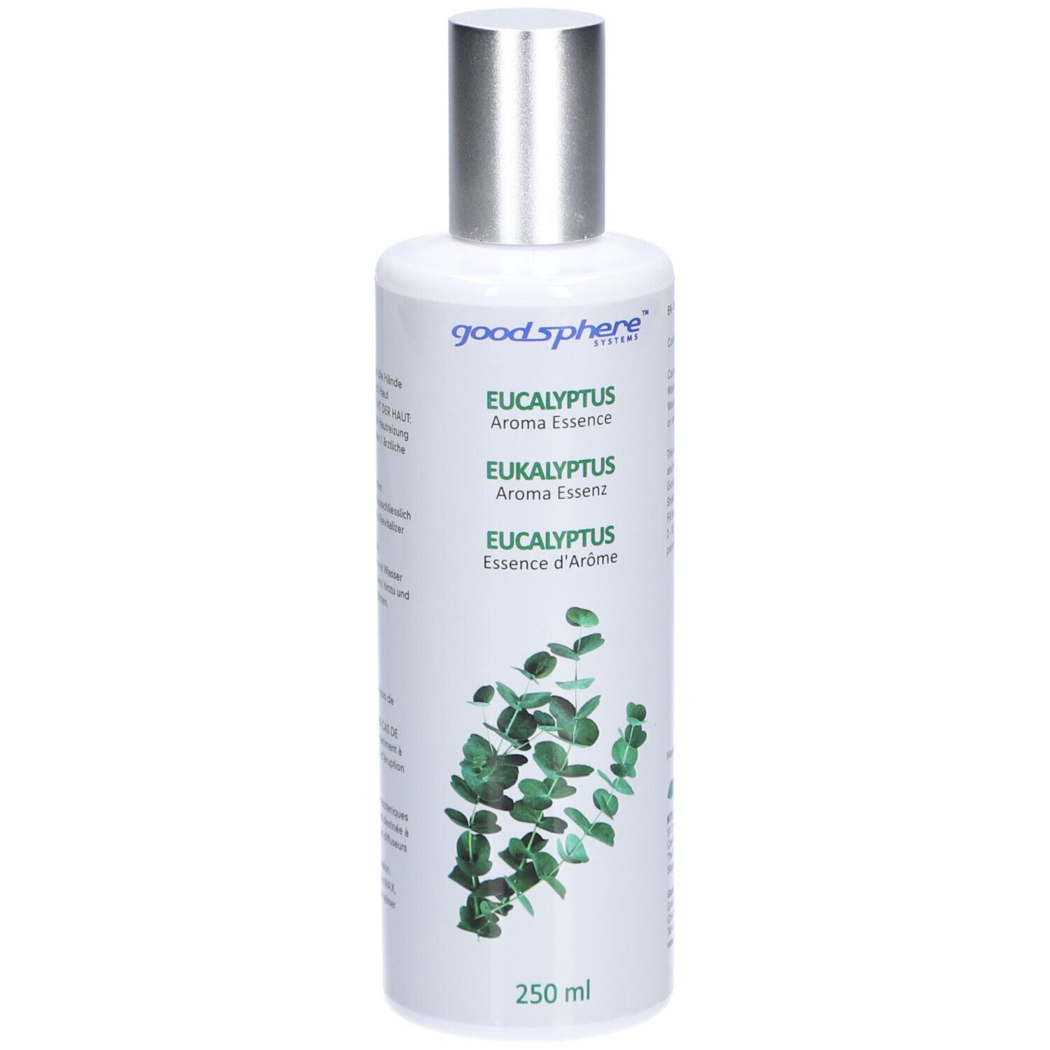 Weiße Flasche mit silbernem Verschluss. Aufschrift: Goodsphere Eukalyptus Aroma Essenz. Abbildung von Eukalyptusblättern.