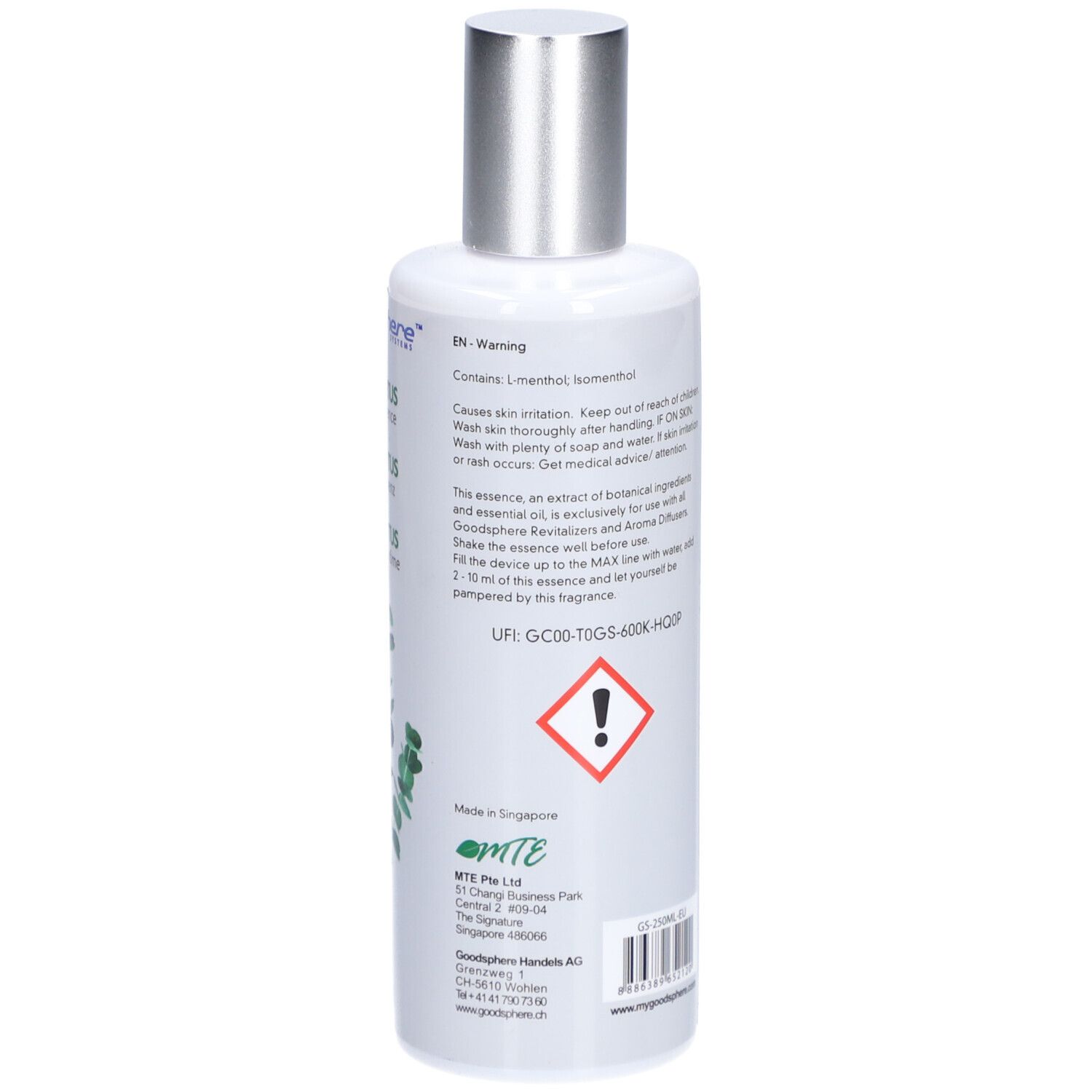 Weiße Flasche mit silbernem Verschluss. Text in englischer Sprache. Gefahrensymbol. Rückseite.