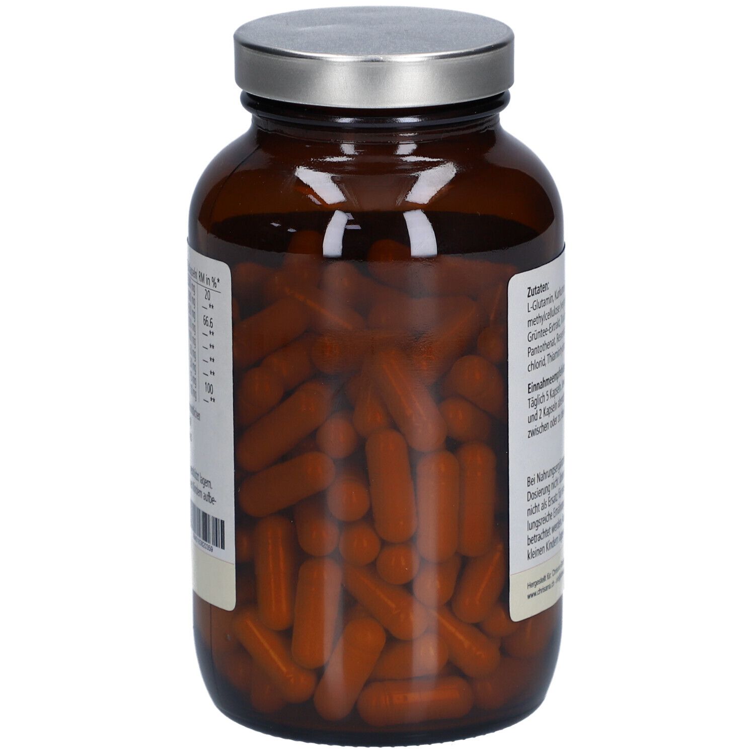 Braune Glasflasche mit silbernem Deckel, gefüllt mit braunen Kapseln. Sicht auf die Kapseln durch das transparente Glas.