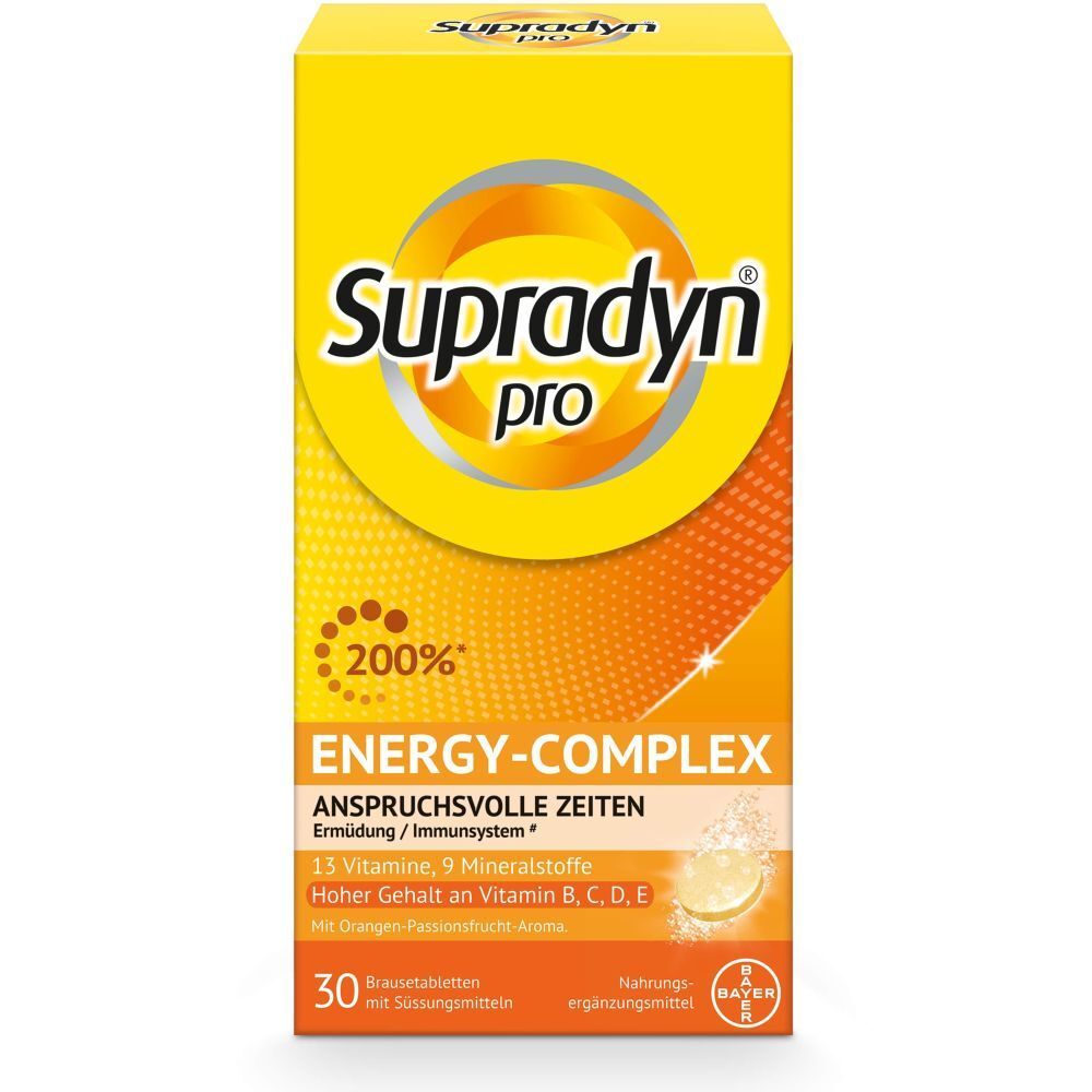 Gelbe Schachtel mit "Supradyn pro"-Logo. "Energy-Complex" und 30 Brausetabletten. Enthält 13 Vitamine, 9 Mineralstoffe.