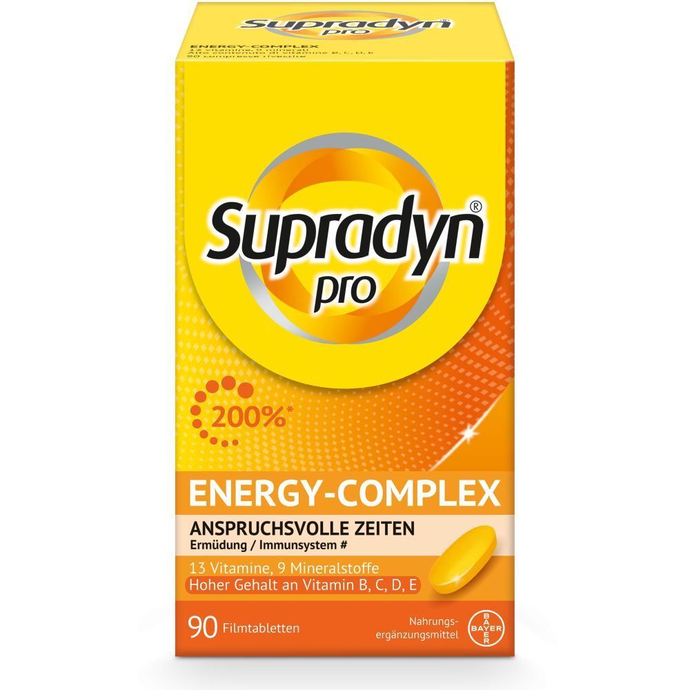 Gelbe Schachtel mit Supradyn pro Energy-Complex. Enthält 90 Filmtabletten. Text: 13 Vitamine, 9 Mineralstoffe.