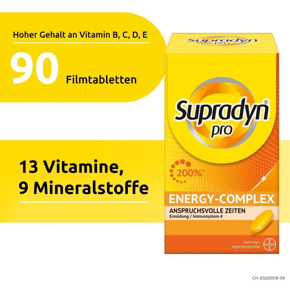 Gelbe Schachtel mit Supradyn pro Energy-Complex. Text: 13 Vitamine, 9 Mineralstoffe. 90 Filmtabletten. Hoher Gehalt an Vitamin B, C, D, E.