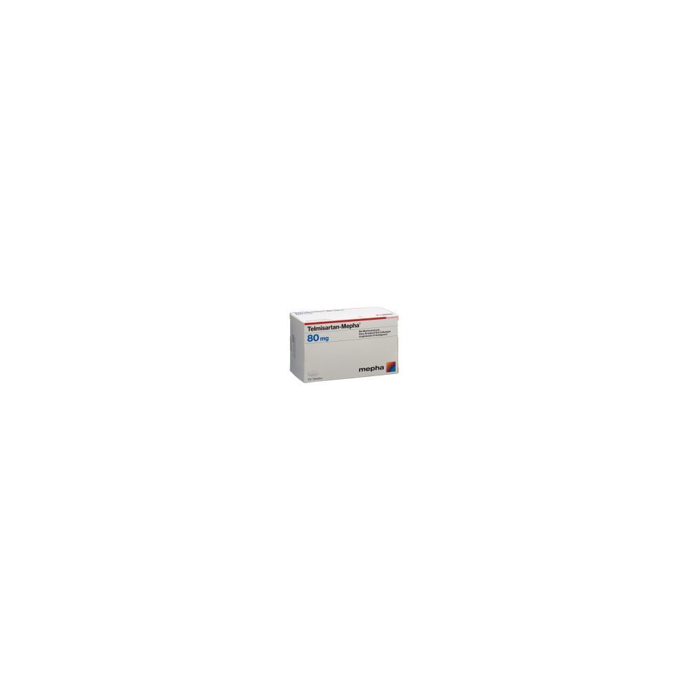 Karton mit der Aufschrift "Telmisartan Mepha 80 mg". Das Logo von Mepha ist ebenfalls sichtbar.