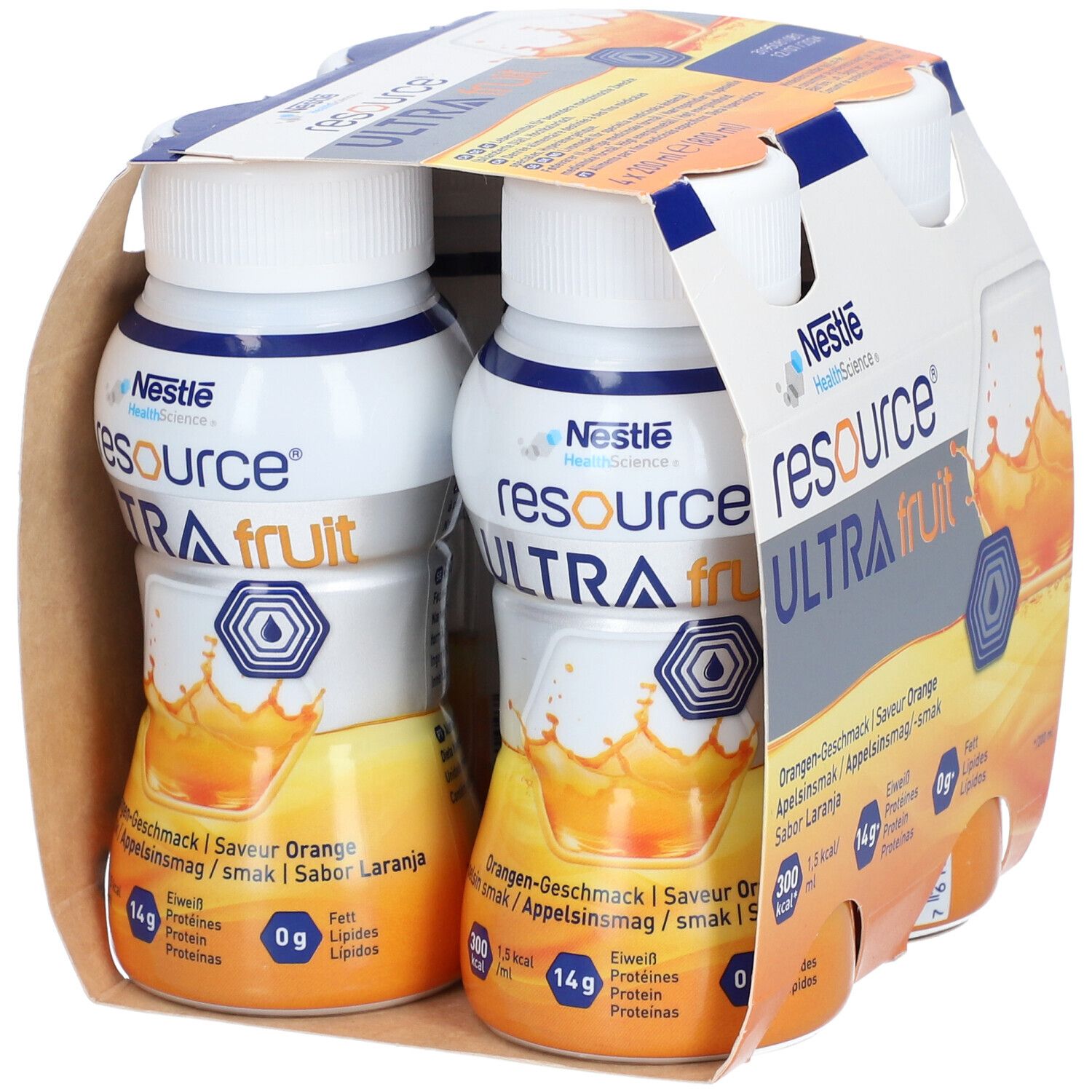 Emballage de deux bouteilles. Inscription: resource ULTRA fruit. Goût orange. Logo Nestle HealthScience.