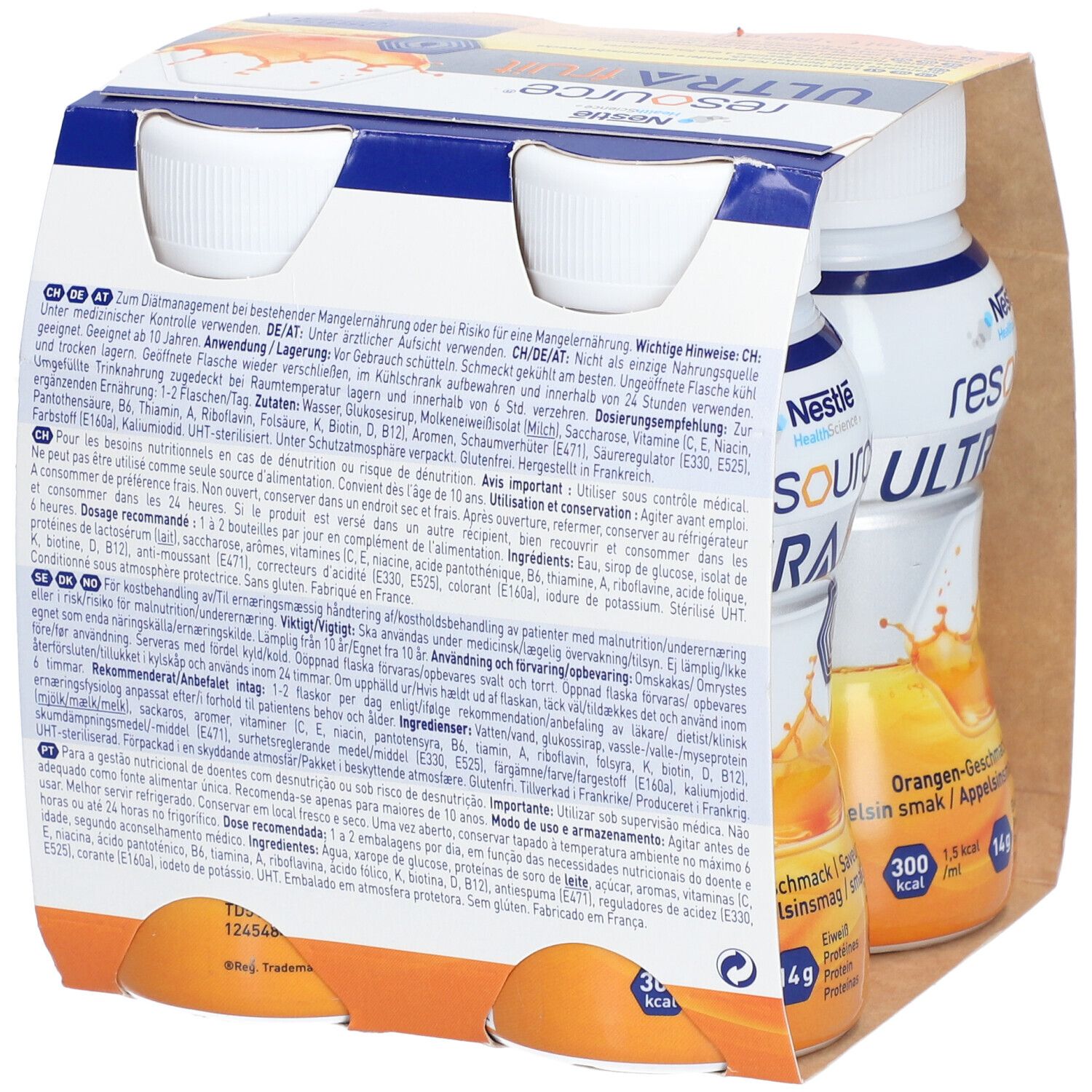 Dos de l'emballage de quatre bouteilles. Inscription: resource ULTRA fruit. Texte en plusieurs langues.